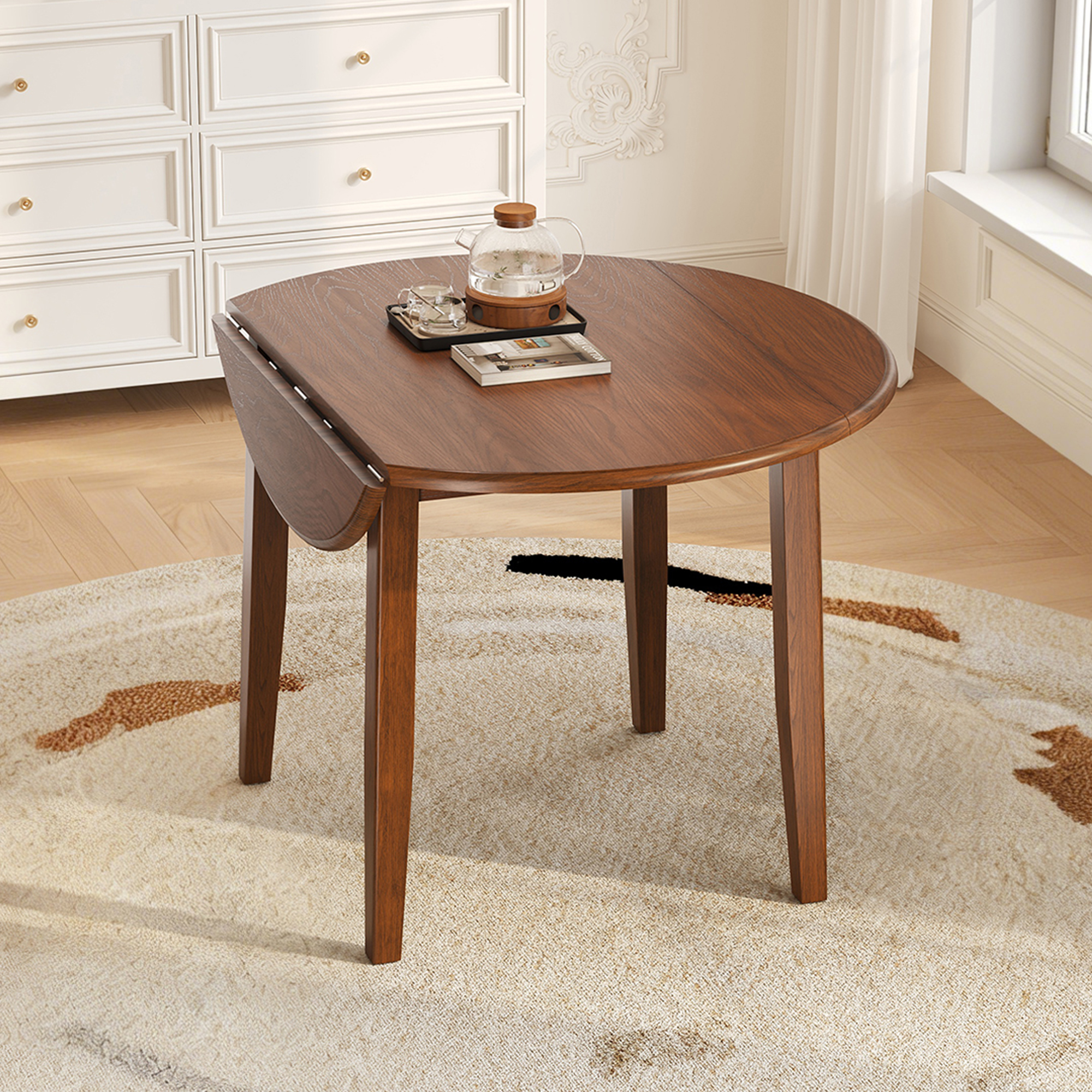 Extendable Round Dining Table For 2 -4 People, Folding Wood Dining Table With Adjustable Size, Space-Saving Design For Small Apartments And Dining Areas  BROWN