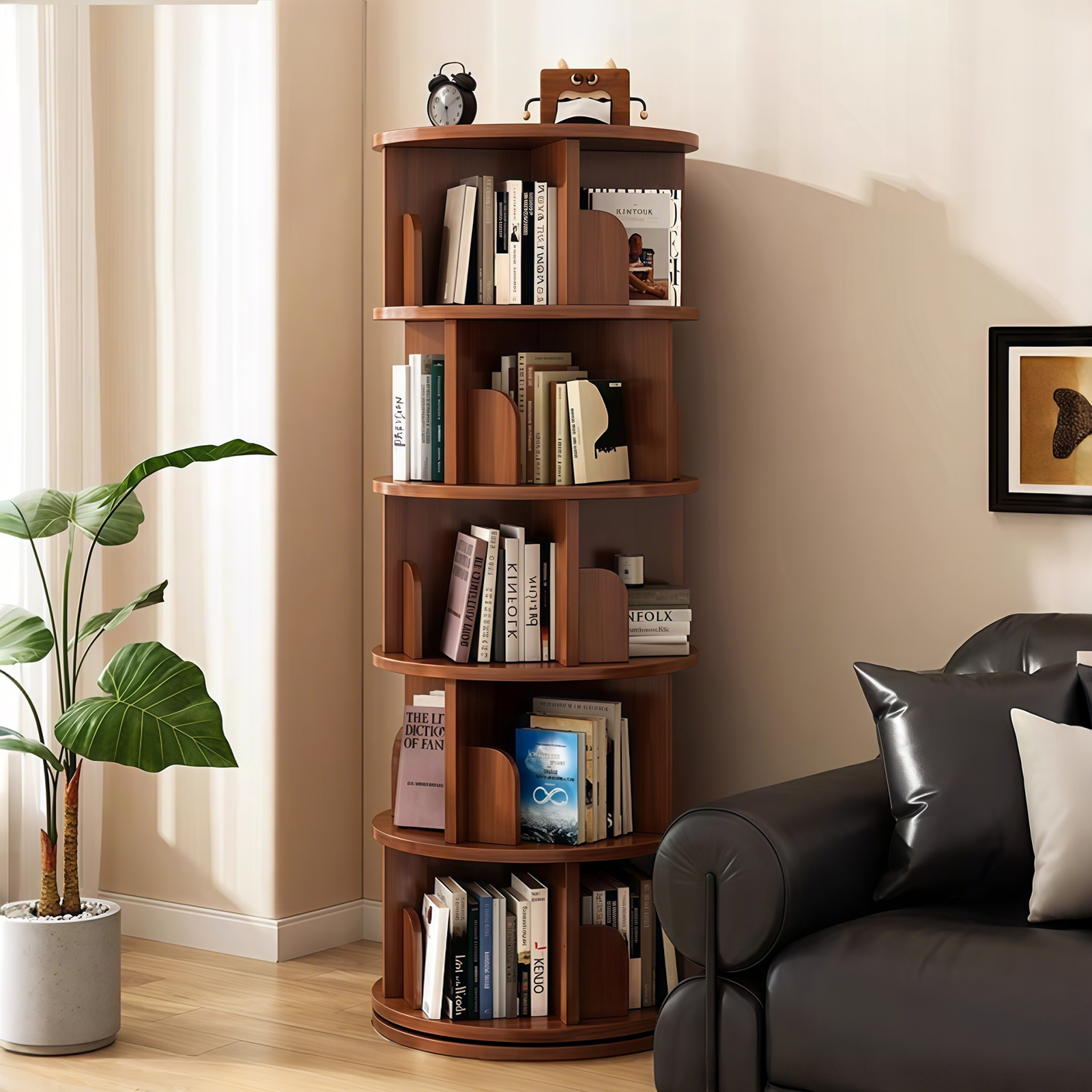 5 Tier Rotating Bookshelf, 360 Display Round Spinning Bookshelf, Space-Saving, Small Space Rotating Bookshelf Tower For Bedroom, Living Room, Home, Office, Walnut