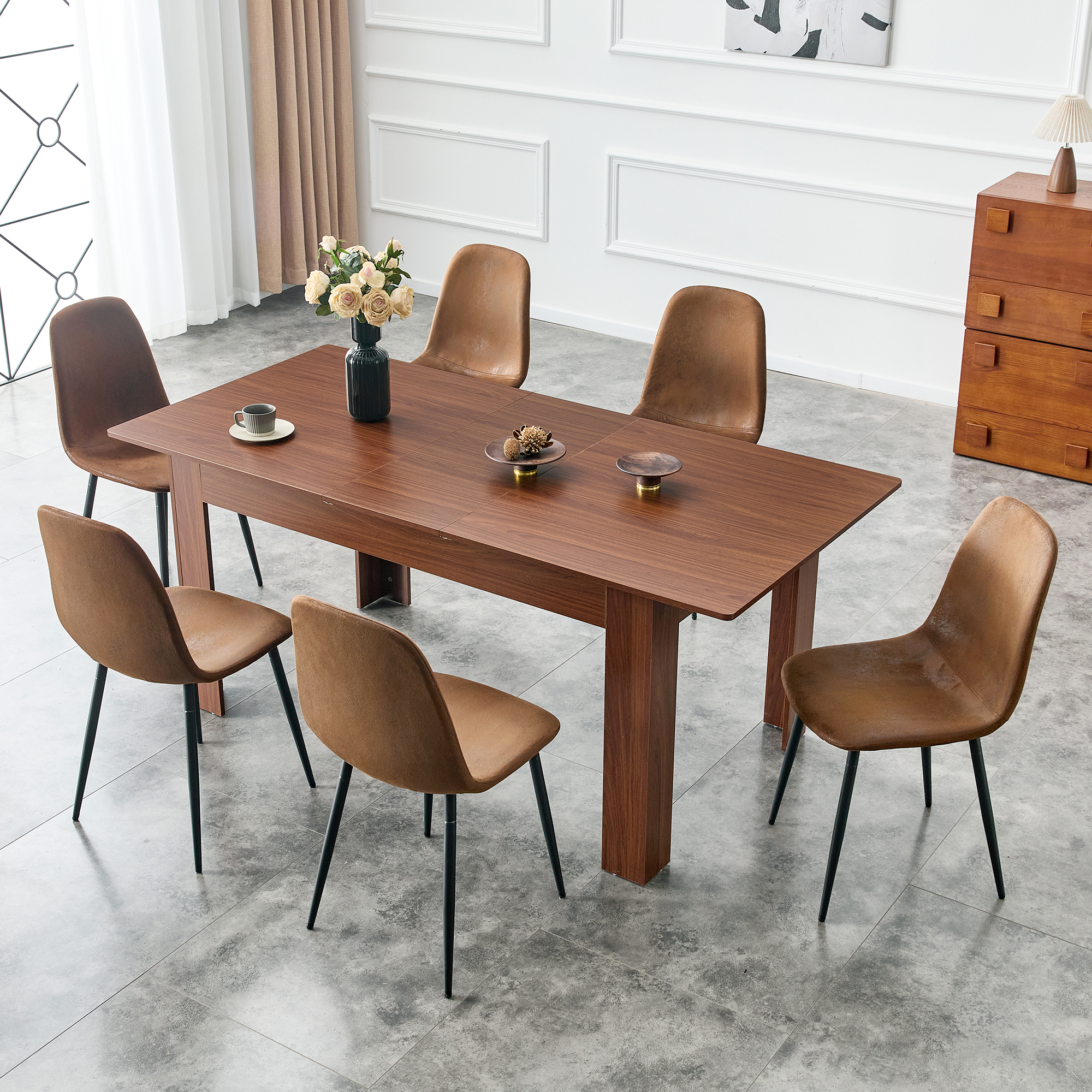 Extendable Rectangular Dining Table, Modern Expandable Kitchen Table With 2 Drop Leaves, Walnut Finish, Space-Saving Dinner Table For Small To Large Family, Dining Room & Living Room