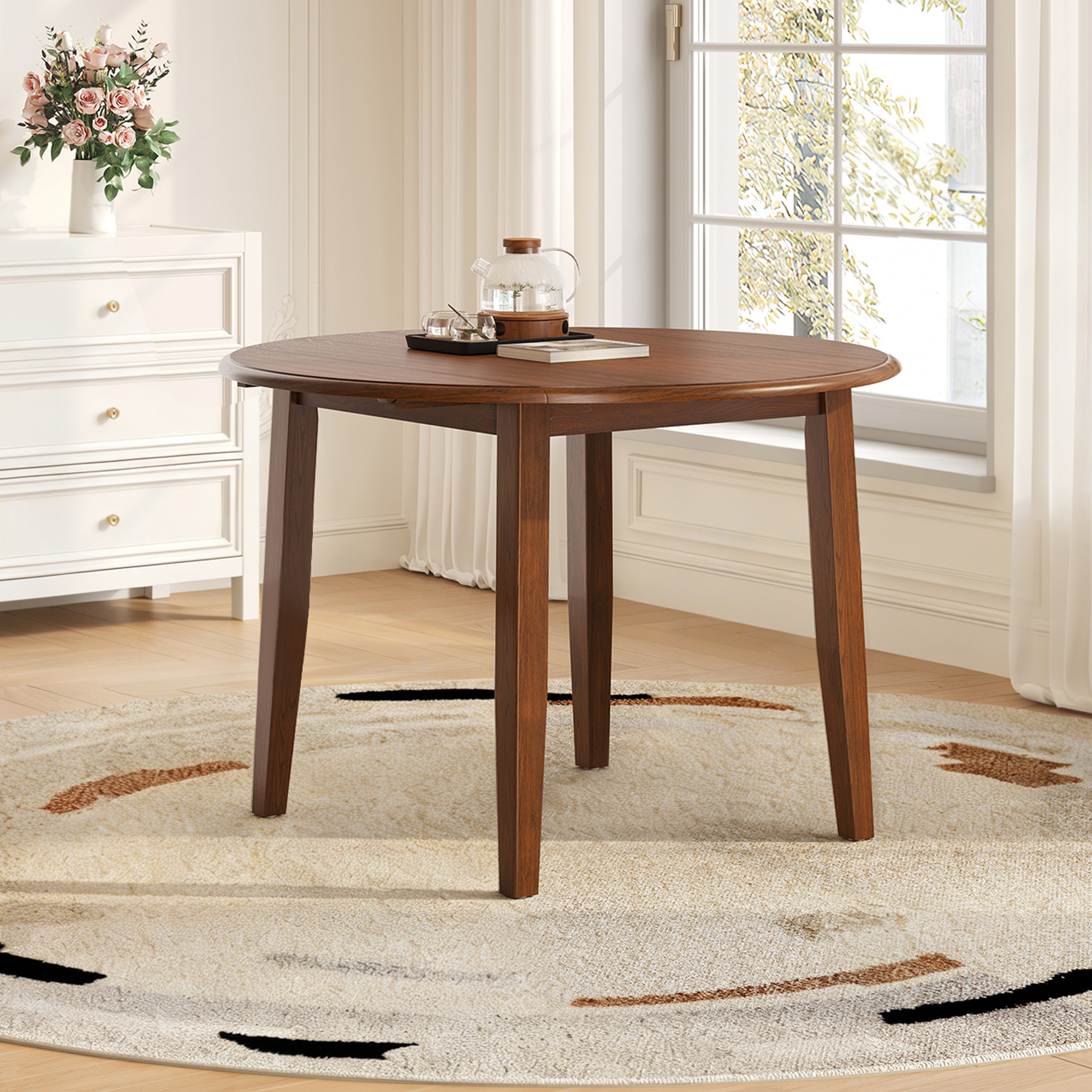 Extendable Round Dining Table For 2 -4 People, Folding Wood Dining Table With Adjustable Size, Space-Saving Design For Small Apartments And Dining Areas  BROWN