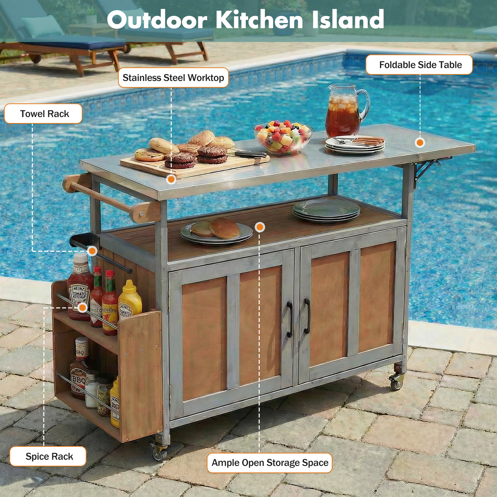 Foldable Outdoor Kitchen Island Patio Mobile Kitchen Cart Portable Outdoor Cooking Island With Lockable Wheels, Storage Cabinet And Towel Rack For Patio And Outdoor, Espresso Grey