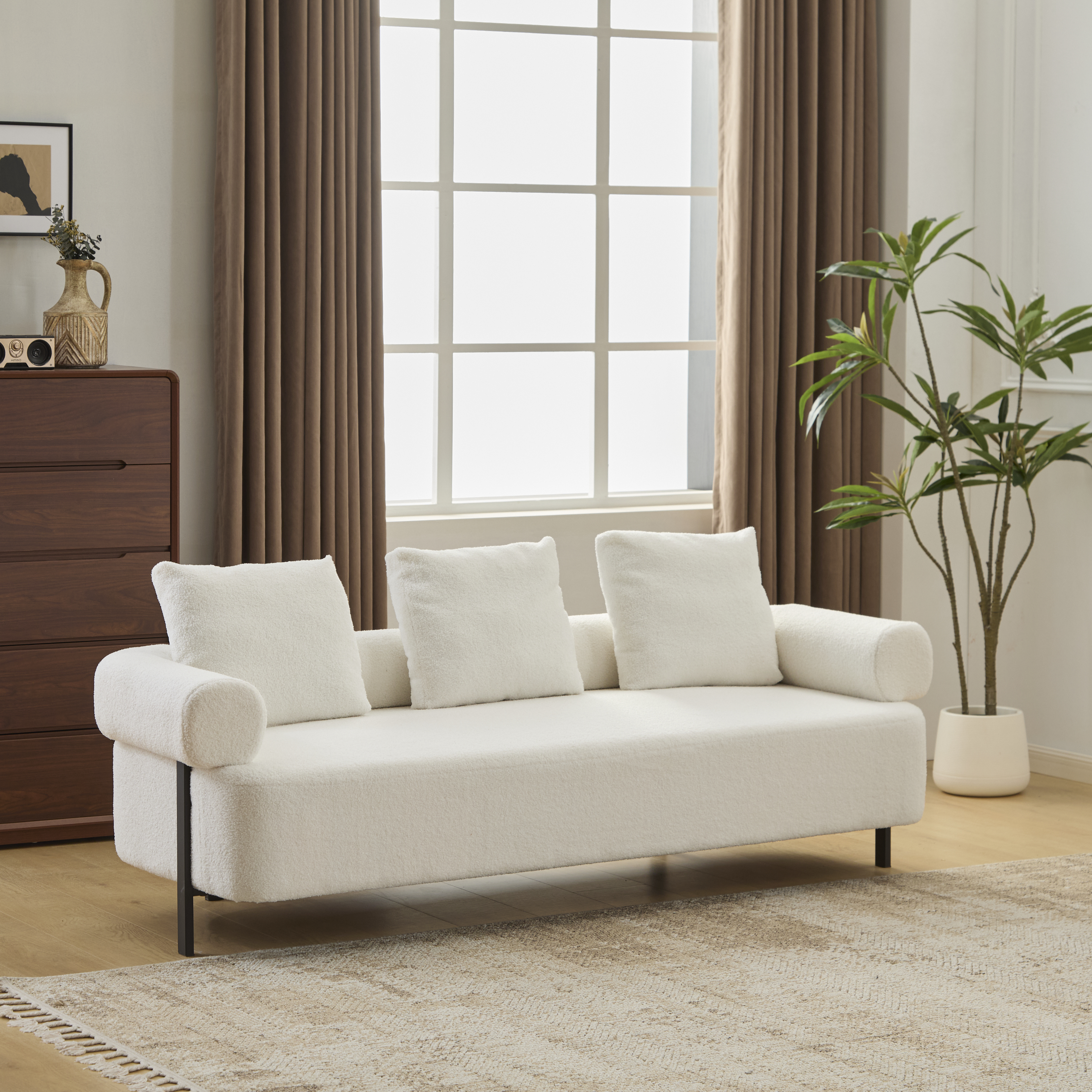 78  Modern 3-Seater Beige Upholstered Sofa, Oversized Comfy Couch With 3 Plush Pillows For Living Room, Bedroom, Apartment