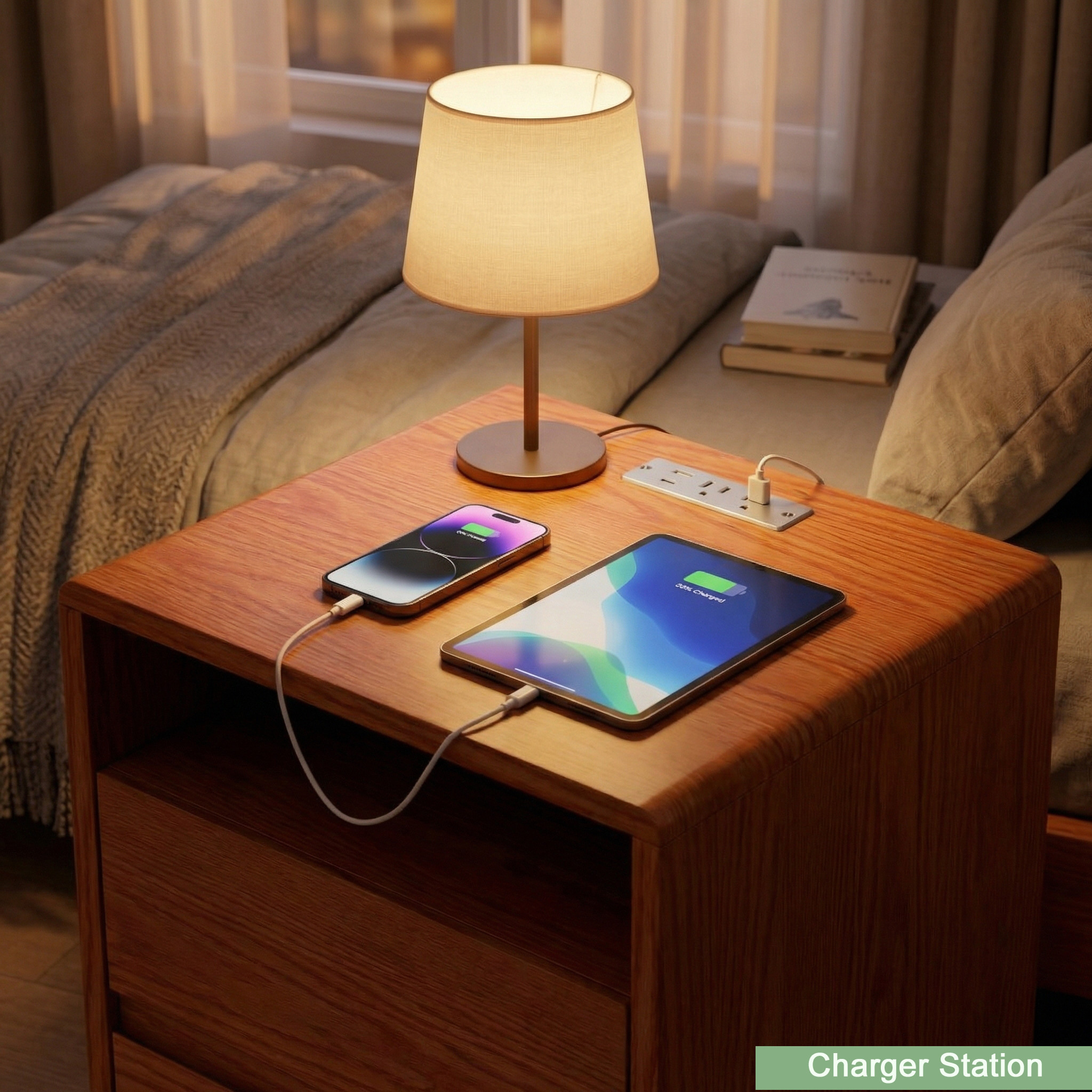 Solid Wood Nightstand with Charger, picture 4 of 5