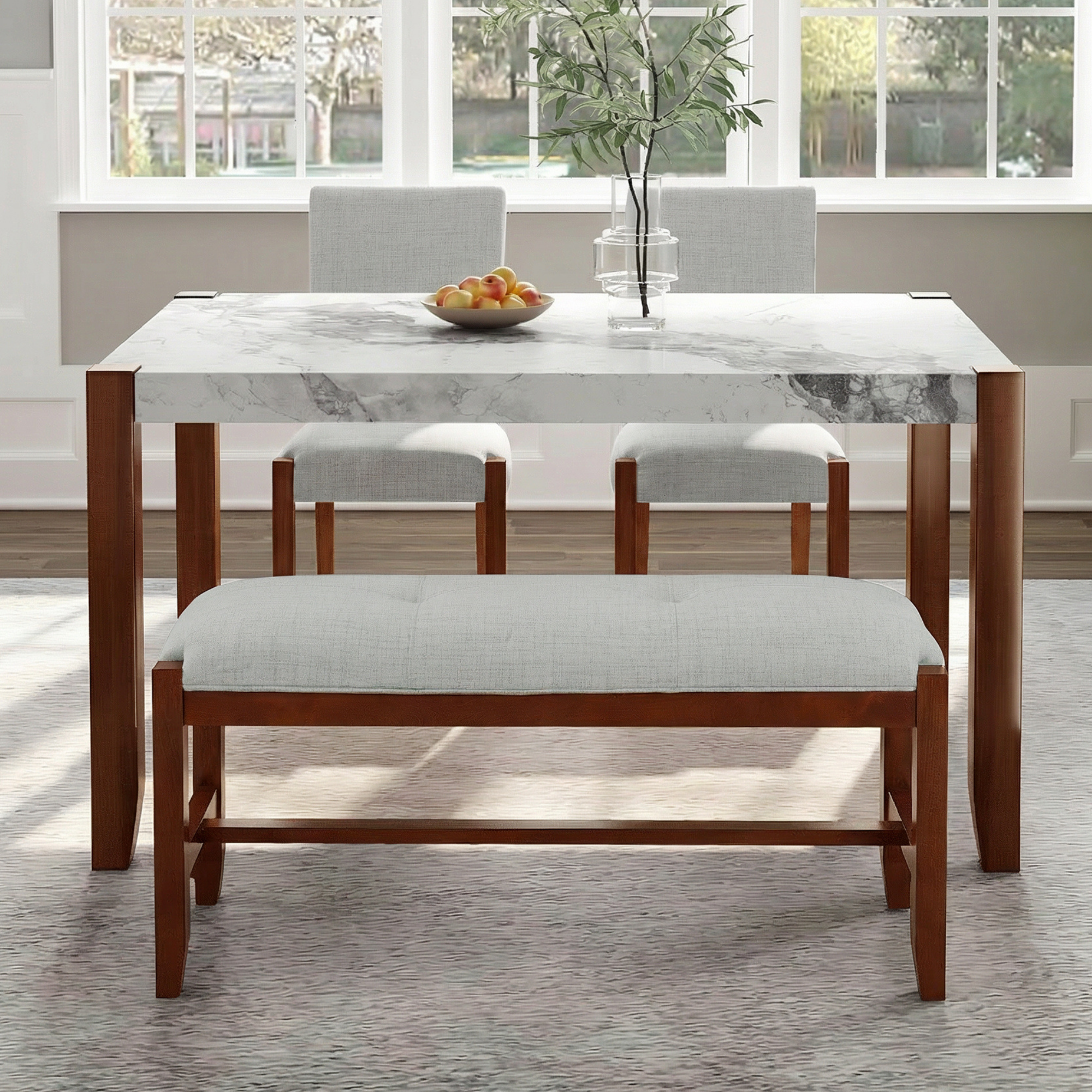 4-Piece Dining Set, 1 Marble-Look Table With 2 Upholstered Chairs And 1 Bench With Solid Rubber Wood Legs, Padded Seat, Curved Backrest, Space-Saving, Dining Room, Beige