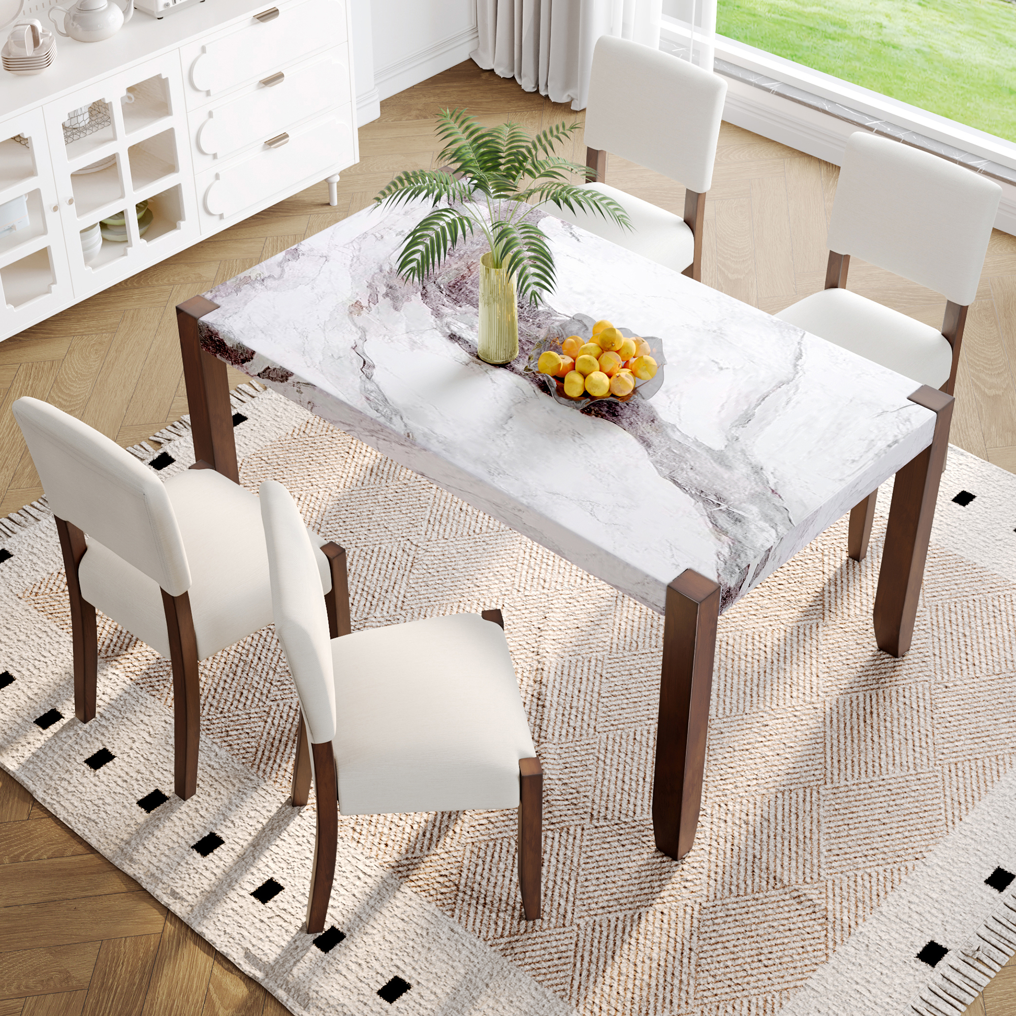 5-Piece Dining Table Set For 4, 46  Faux Marble Style Table And 4 Upholstered Chairs With Solid Rubberwood Legs, Padded Seat, Curved Backrest, Space-Saving Dinette Set For Dining Room, White-SQ000885