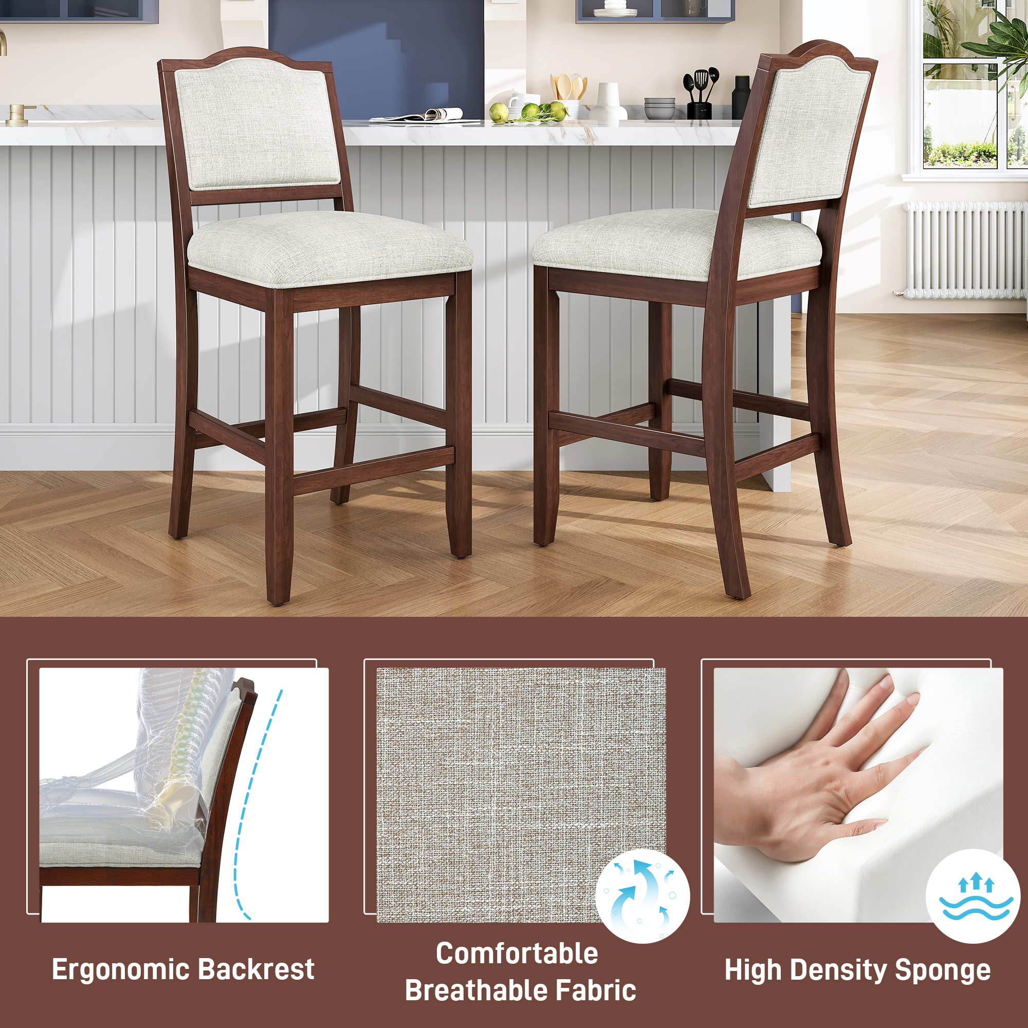 Counter Height Bar Stools Set Of 2 - Rustic 2 Pack Bar Stools With Rubber Wood Frame, Ergonomic Backrest, Versatile For Kitchen Island, Dining Room, Cherry