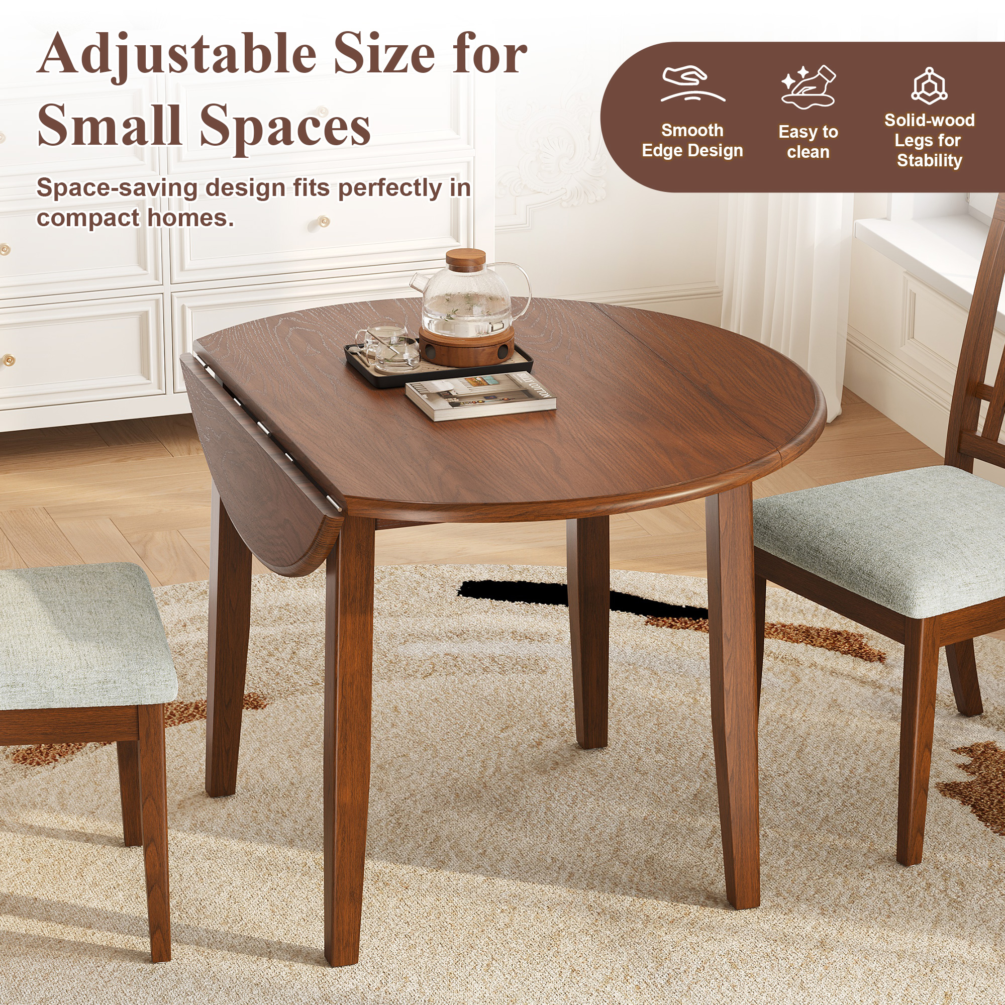 Extendable Round Dining Table For 2 -4 People, Folding Wood Dining Table With Adjustable Size, Space-Saving Design For Small Apartments And Dining Areas  BROWN