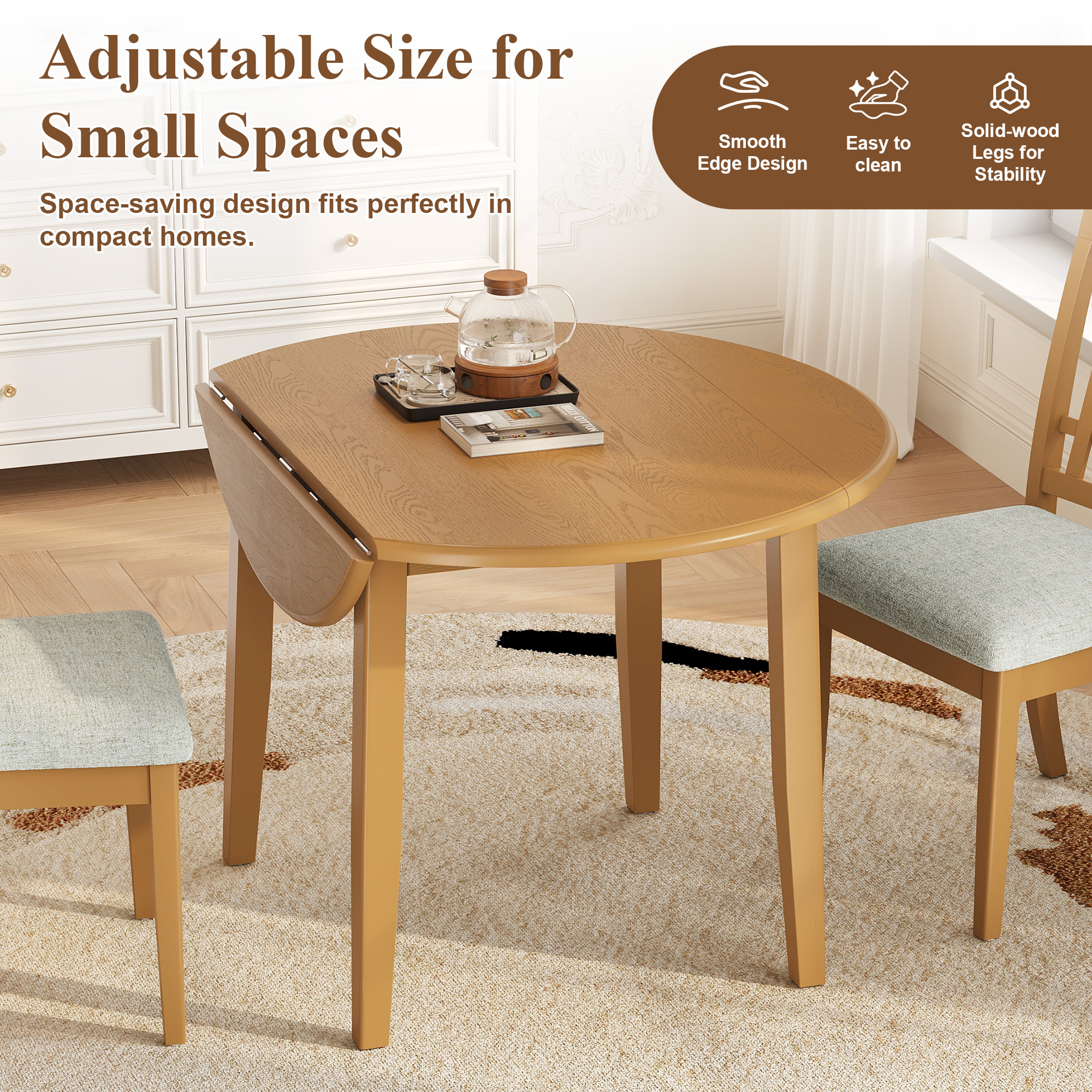 Extendable Round Dining Table For 2 4 People Folding Wood Dining Table With Adjustable Size, Space Saving Design For Small Apartments And Dining Areas  LIGHT BROWN