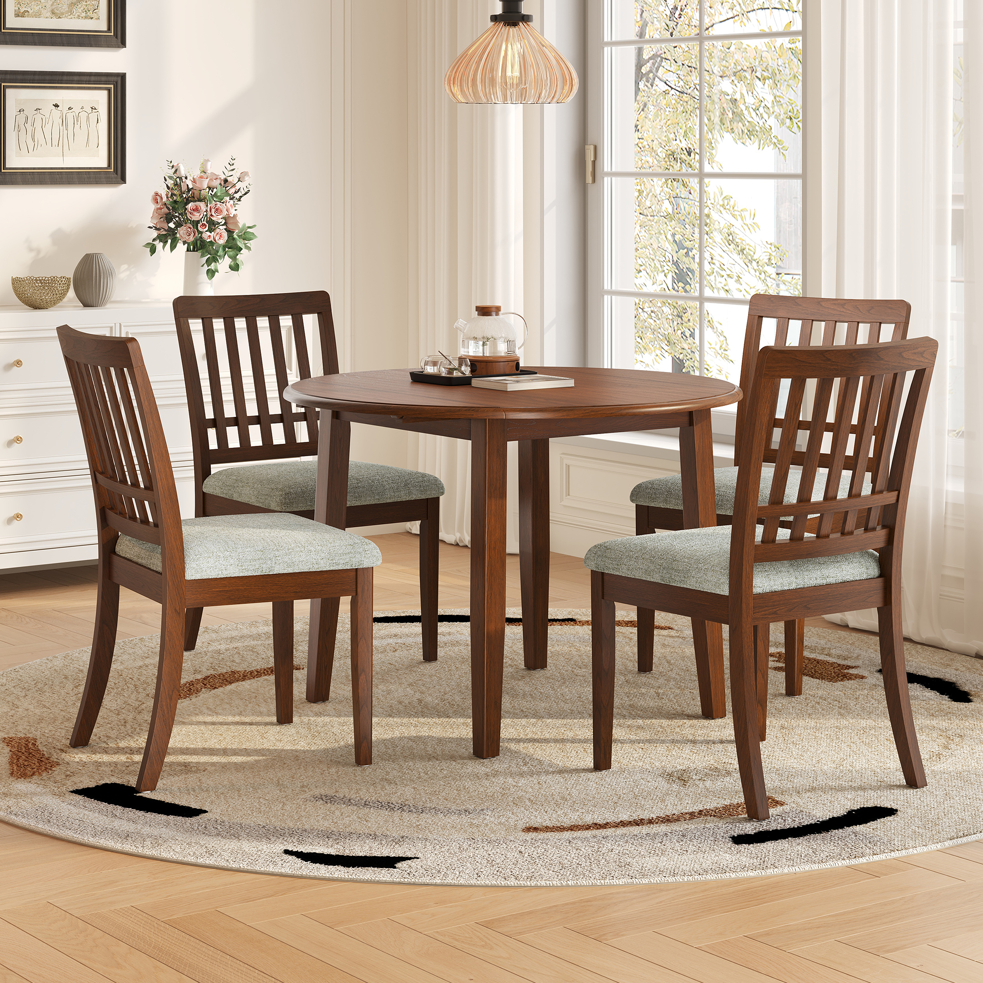 5-Piece Round Dining Table Set For 4 People, 1 Folding Wood Dining Table   4 Upholstered Chairs, Space-Saving Design For Small Apartments And Dining Areas - BROWN