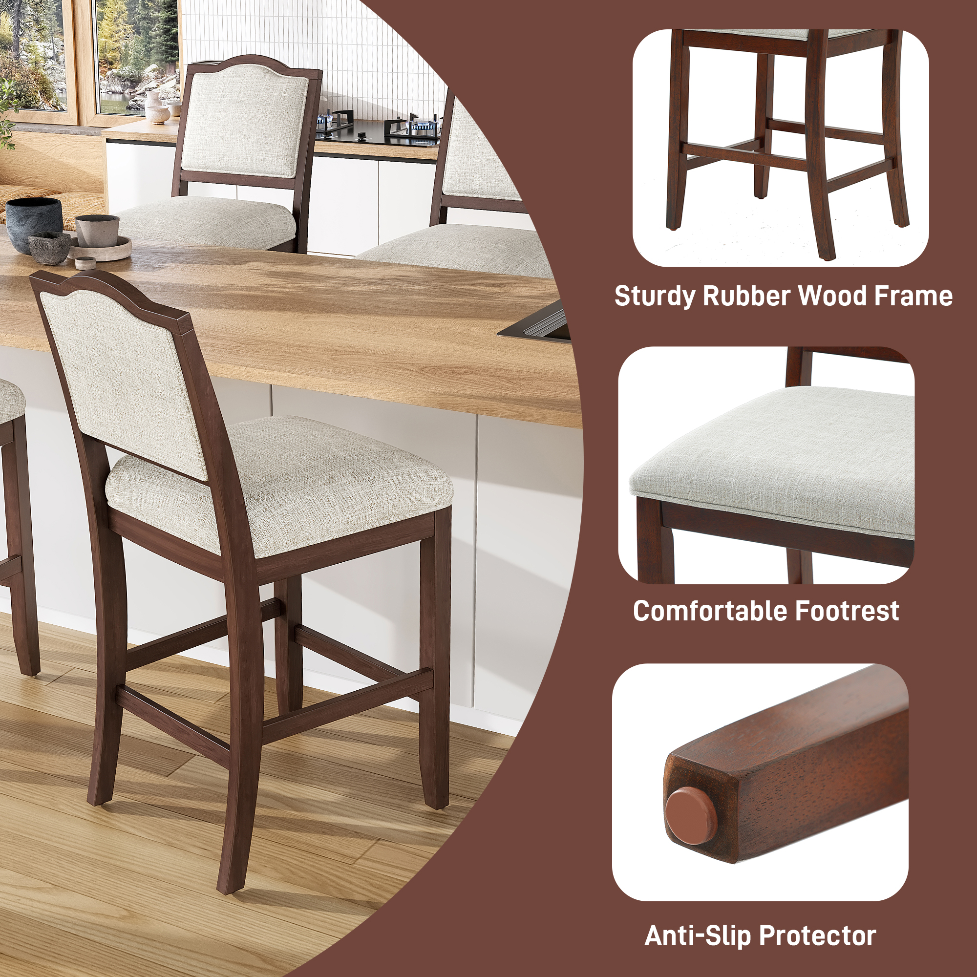 Counter Height Bar Stools Set Of 2 - Rustic 2 Pack Bar Stools With Rubber Wood Frame, Ergonomic Backrest, Versatile For Kitchen Island, Dining Room, Cherry