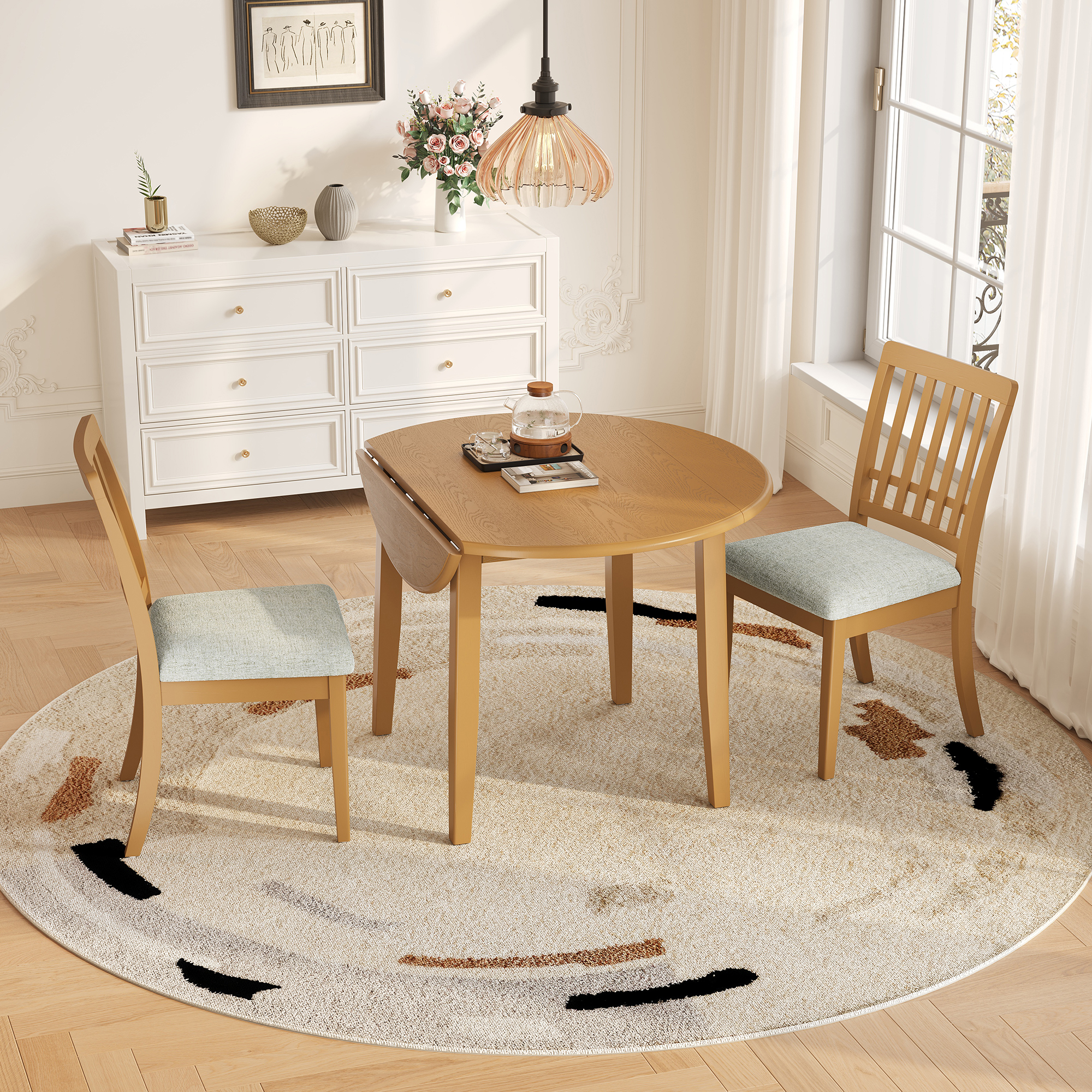 3-Piece Round Dining Table Set For 2 People, 1 Folding Wood Dining Table   2 Upholstered Chairs, Space-Saving Design For Small Apartments And Dining Areas -LIGHT BROWN
