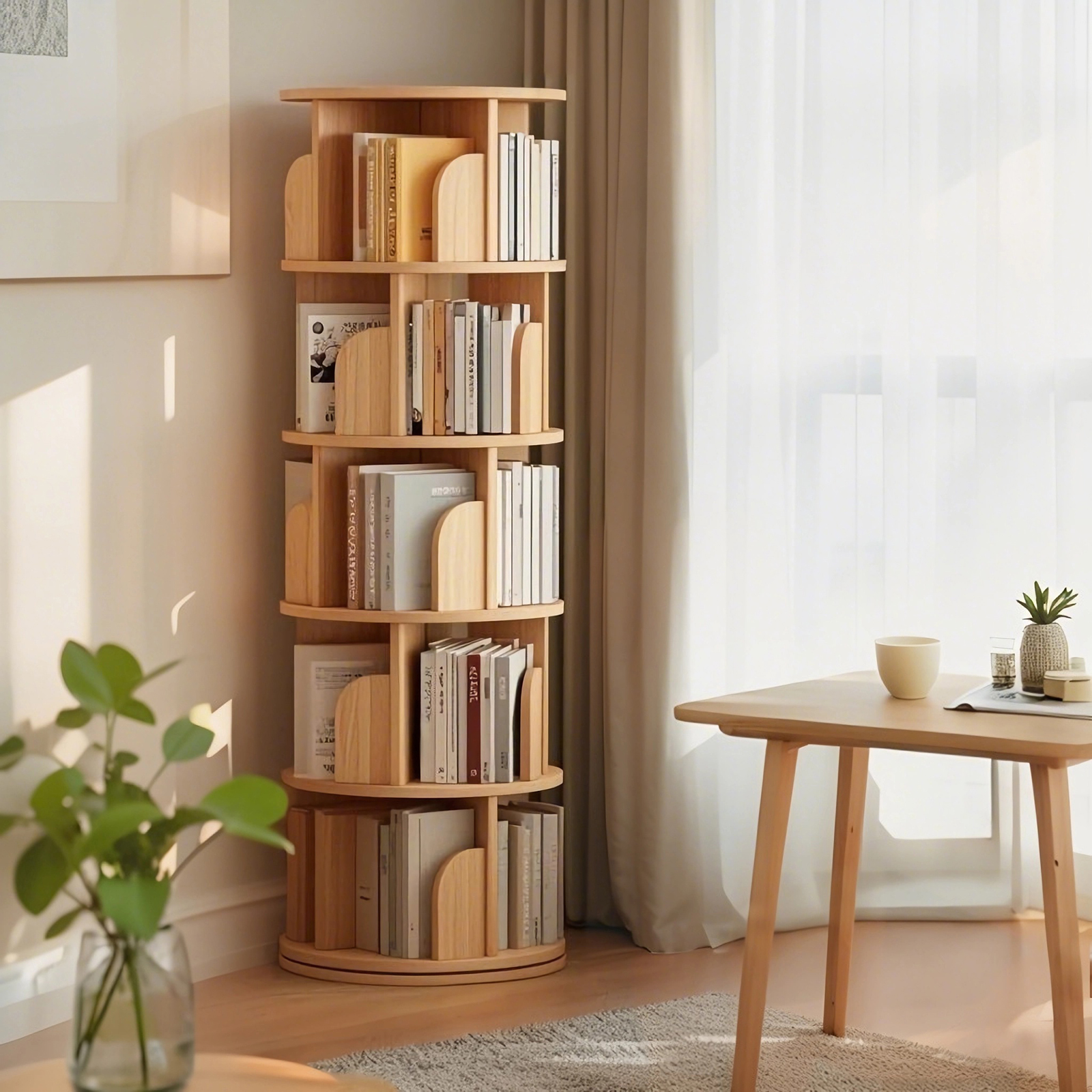 5 Tier Rotating Bookshelf, 360 Display Round Spinning Bookshelf, Space-Saving, Small Space Rotating Bookshelf Tower For Bedroom, Living Room, Home, Office, Wood Color