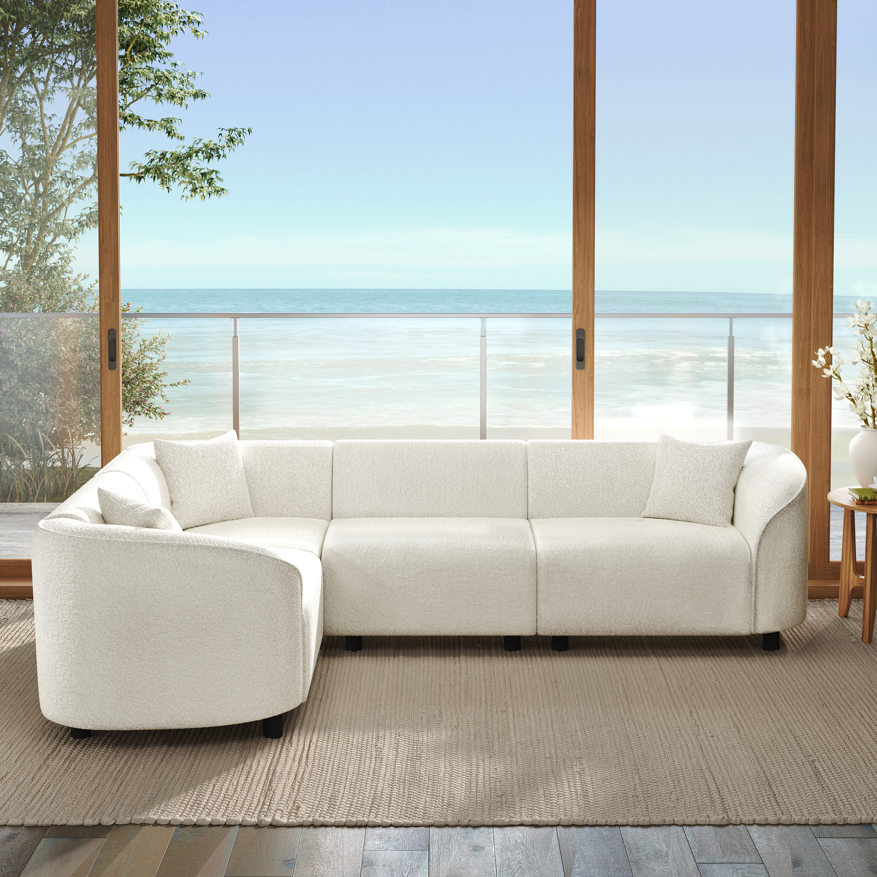 104 L-Shaped Curved Contemporary Sectional Sofa In Beige Plush 4-Seater, Sculptural Design & Premium Boucle Upholstery Modern Luxury For Spacious Living