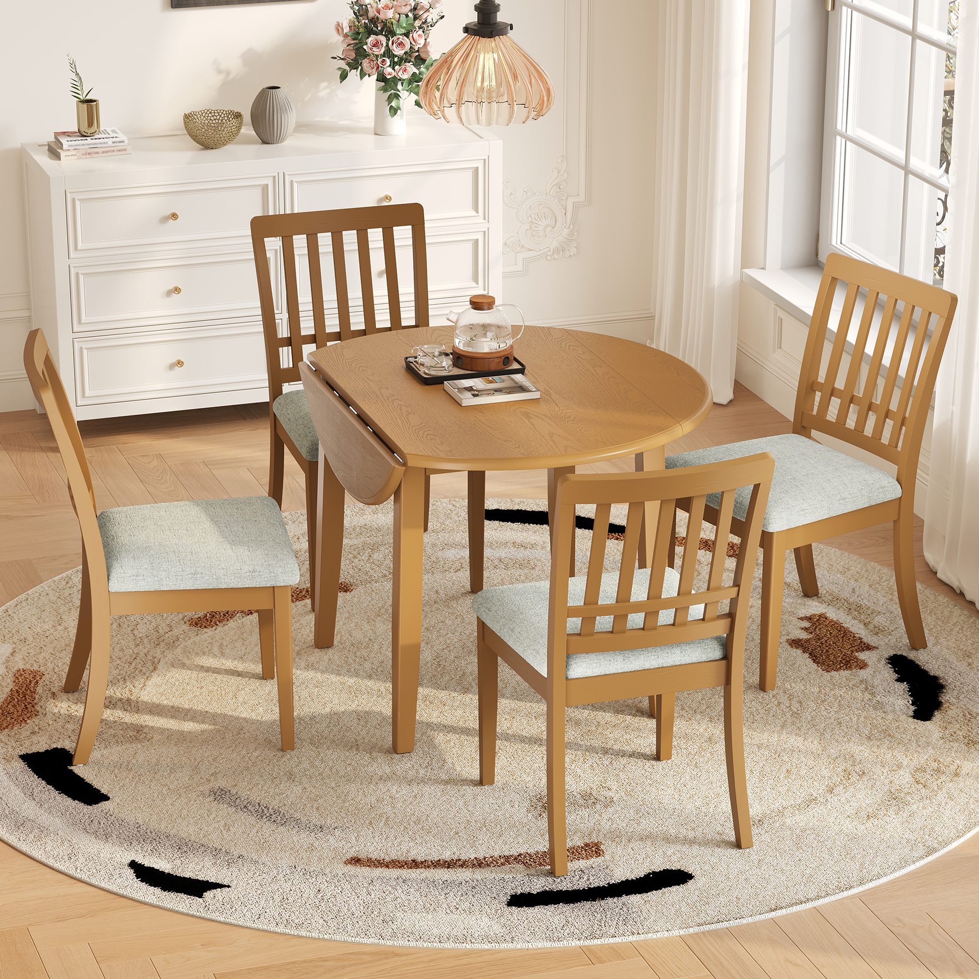 5-Piece Round Dining Table Set For 4 People, 1 Folding Wood Dining Table   4 Upholstered Chairs, Space-Saving Design For Small Apartments And Dining Areas -LIGHT BROWN