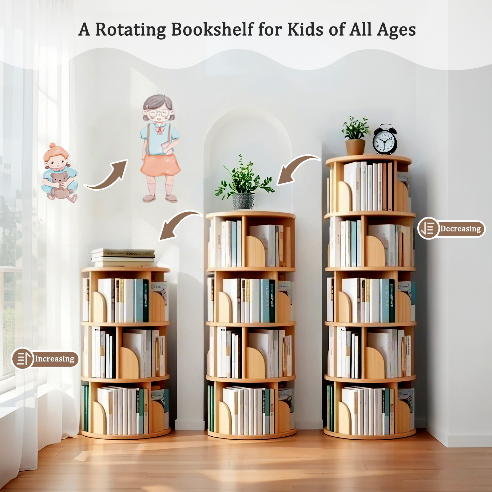 5 Tier Rotating Bookshelf, 360 Display Round Spinning Bookshelf, Space-Saving, Small Space Rotating Bookshelf Tower For Bedroom, Living Room, Home, Office, Wood Color