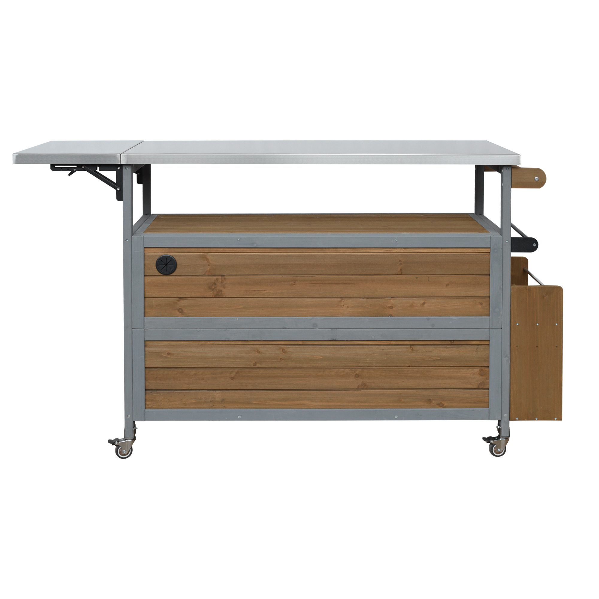 Foldable Outdoor Kitchen Island Patio Mobile Kitchen Cart Portable Outdoor Cooking Island With Lockable Wheels, Storage Cabinet And Towel Rack For Patio And Outdoor, Espresso Grey detail