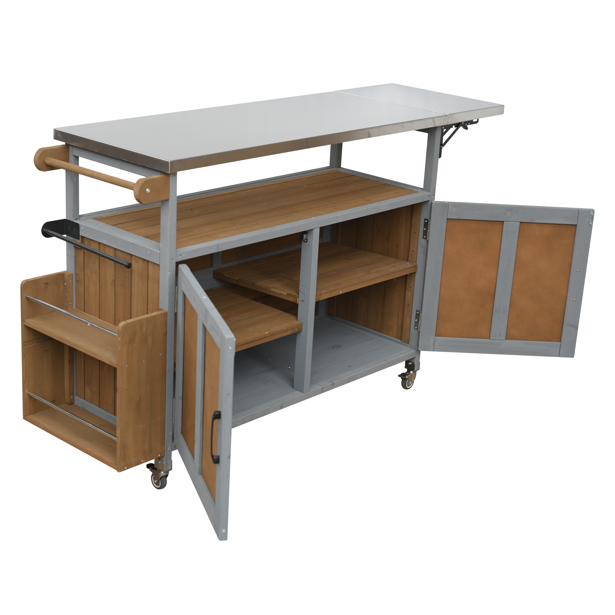 Foldable Outdoor Kitchen Island Patio Mobile Kitchen Cart Portable Outdoor Cooking Island With Lockable Wheels, Storage Cabinet And Towel Rack For Patio And Outdoor, Espresso Grey detail