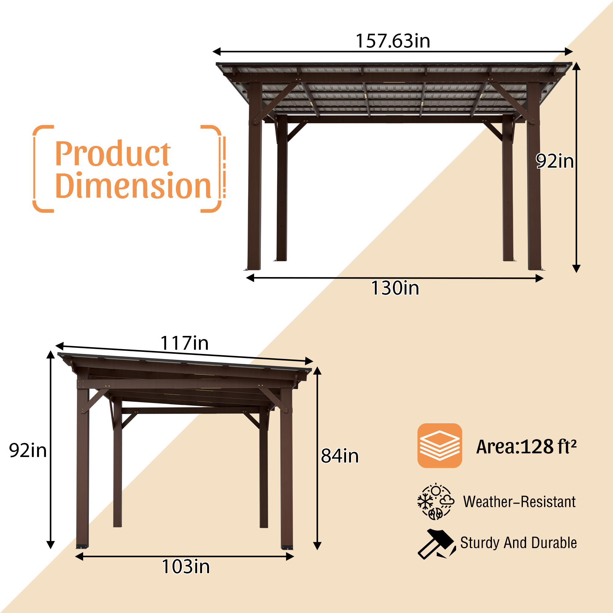 13x10ft Wooden Garden Gazebo With Metal Roof, Spacious Outdoor Patio Shade Structure For   & Garden