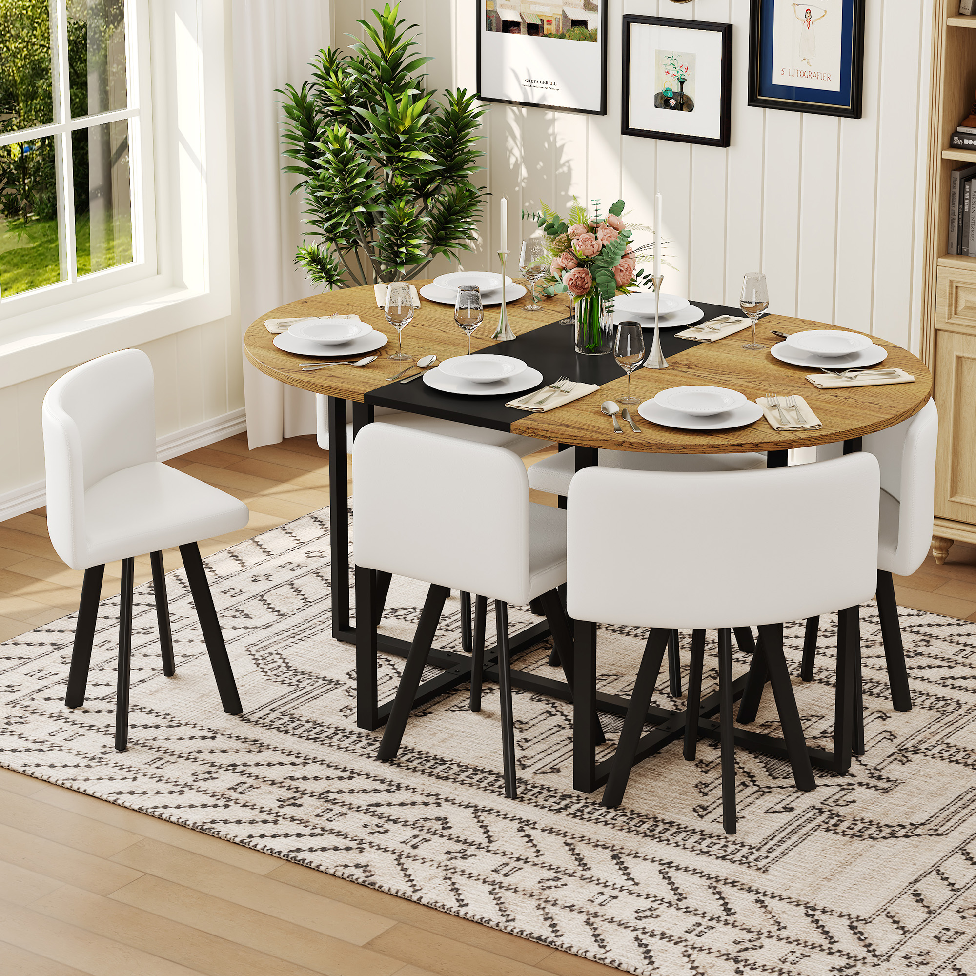 7-Piece Oval Dining Table Set, Fixed Wood Grain & Black Triamine Tabletop With 6 White PU Leather Chairs, Modern Kitchen Table Set For 6 People, Ideal For Small Spaces, Apartment, Dining Room