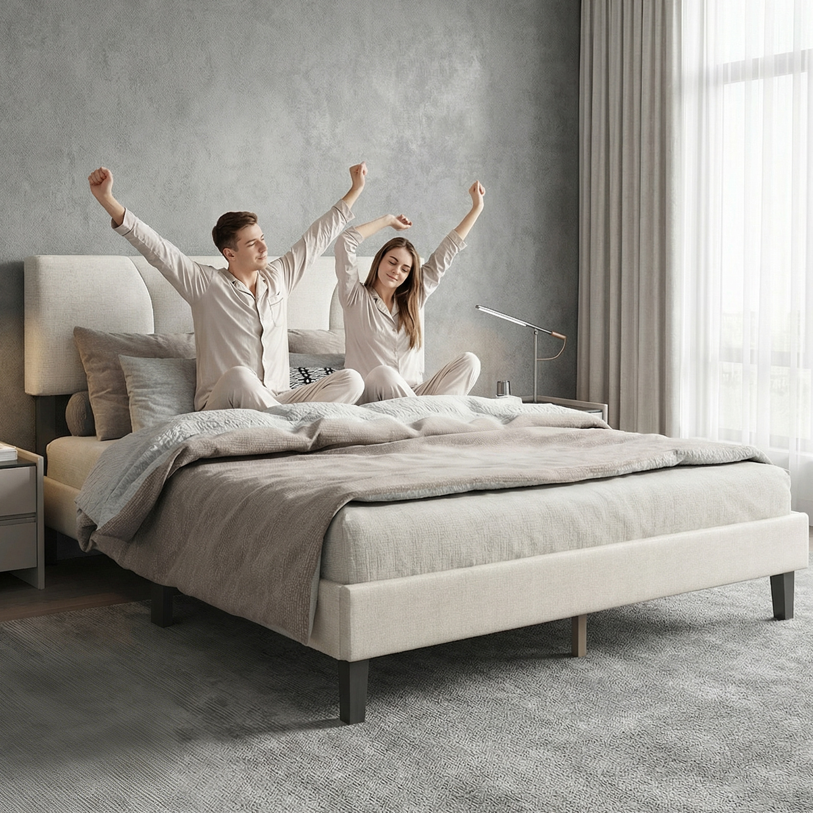 Full Size Platform Bed Frame With Adjustable Fabric Upholstered Headboard And Wooden Slats Support Fully Upholstered Mattress Foundation No Box Spring Needed Easy Assembly Beige