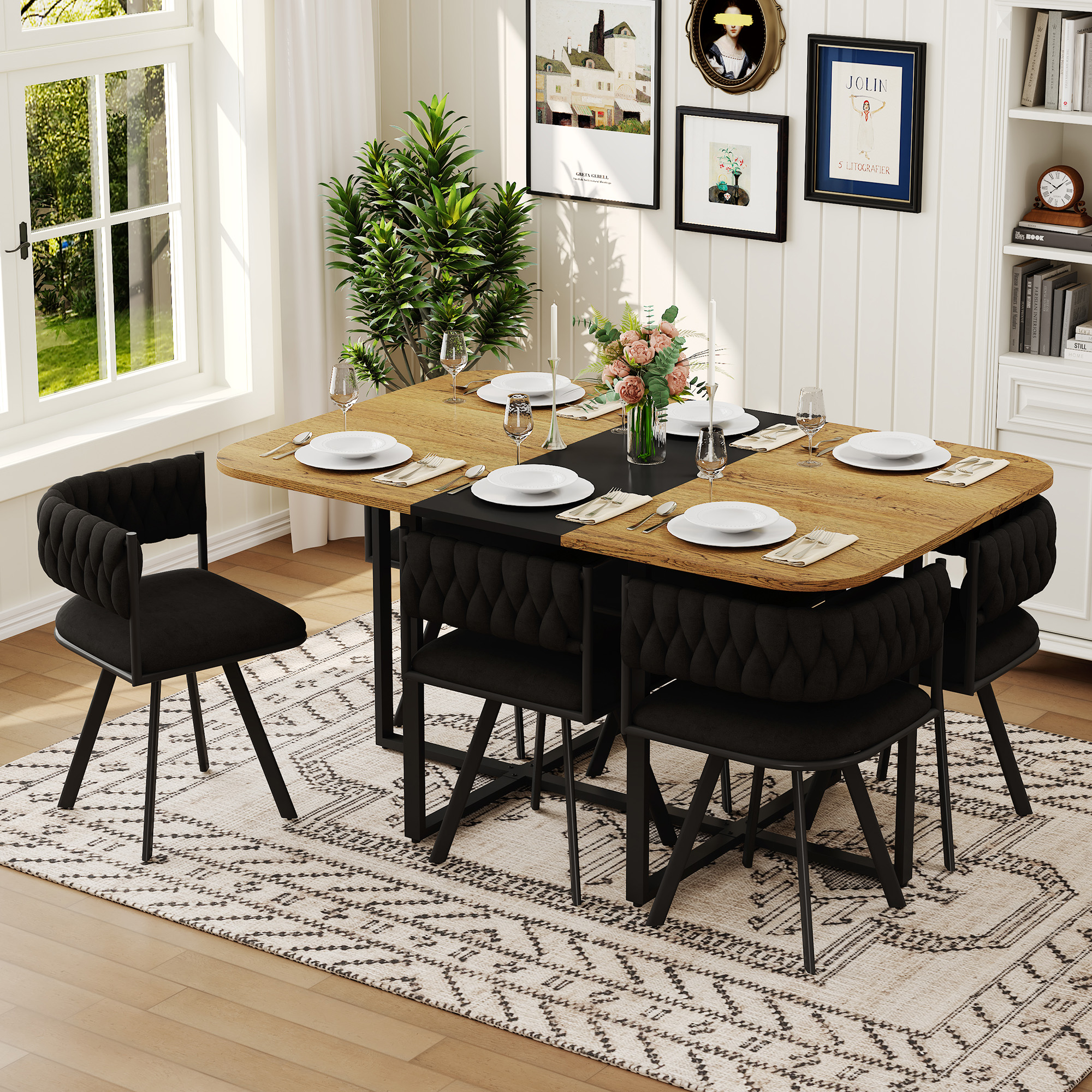 7-Piece Dining Table Set For 6, 1 Table & 6 Black Velvet Upholstered Chairs, Black & Wood Grain Melamine Table, Modern Tufted Kitchen Nook Set For Dining Room, Apartment & Small Space