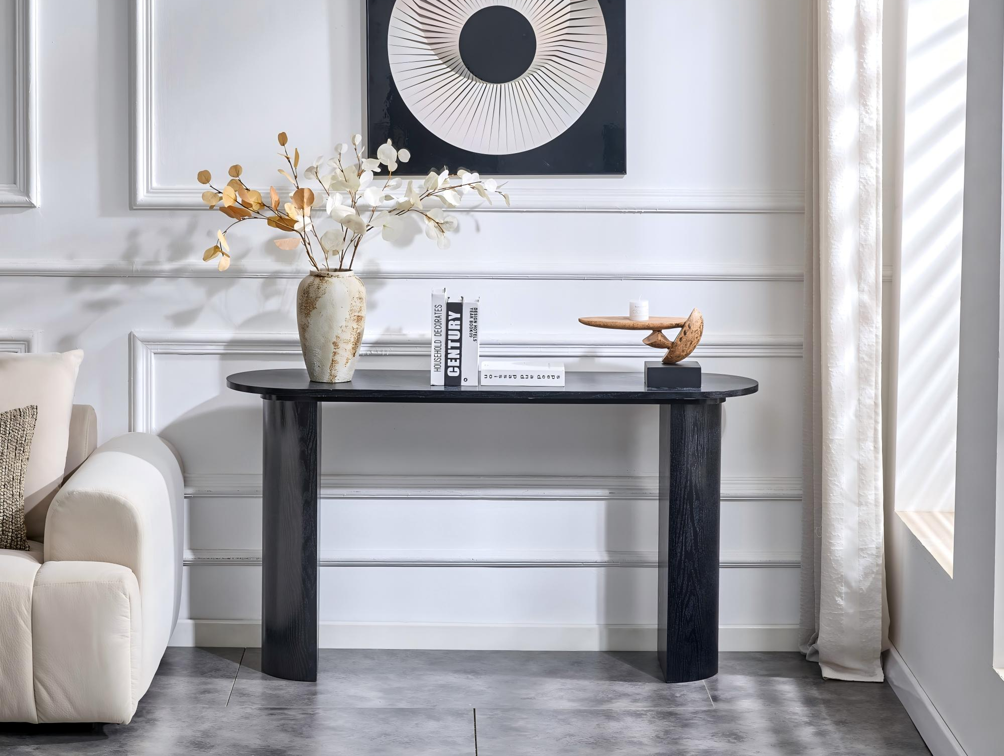 Black Curved Foyer Table - Black Wood Grain Minimalist Entrance Small Space Living Room Sofa Side Table