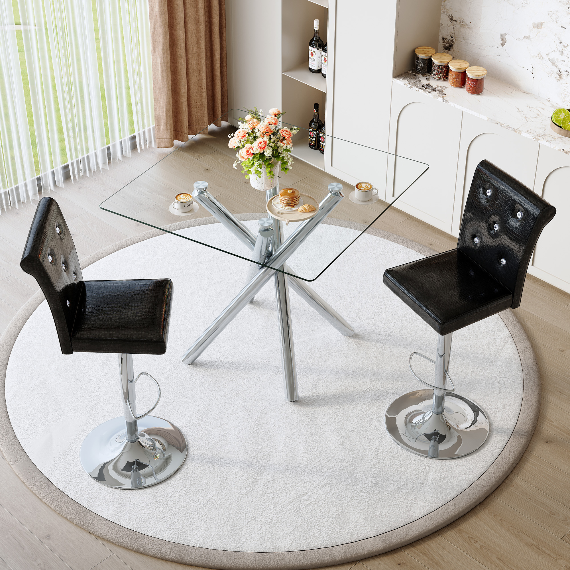 Modern Glass Bar Table And Adjustable Bar Stools Set Of 2, Contemporary Counter Height Pub Table With Chrome Legs, Black PU Leather Swivel Bar Chairs For Kitchen Island, Home Bar, Small Space