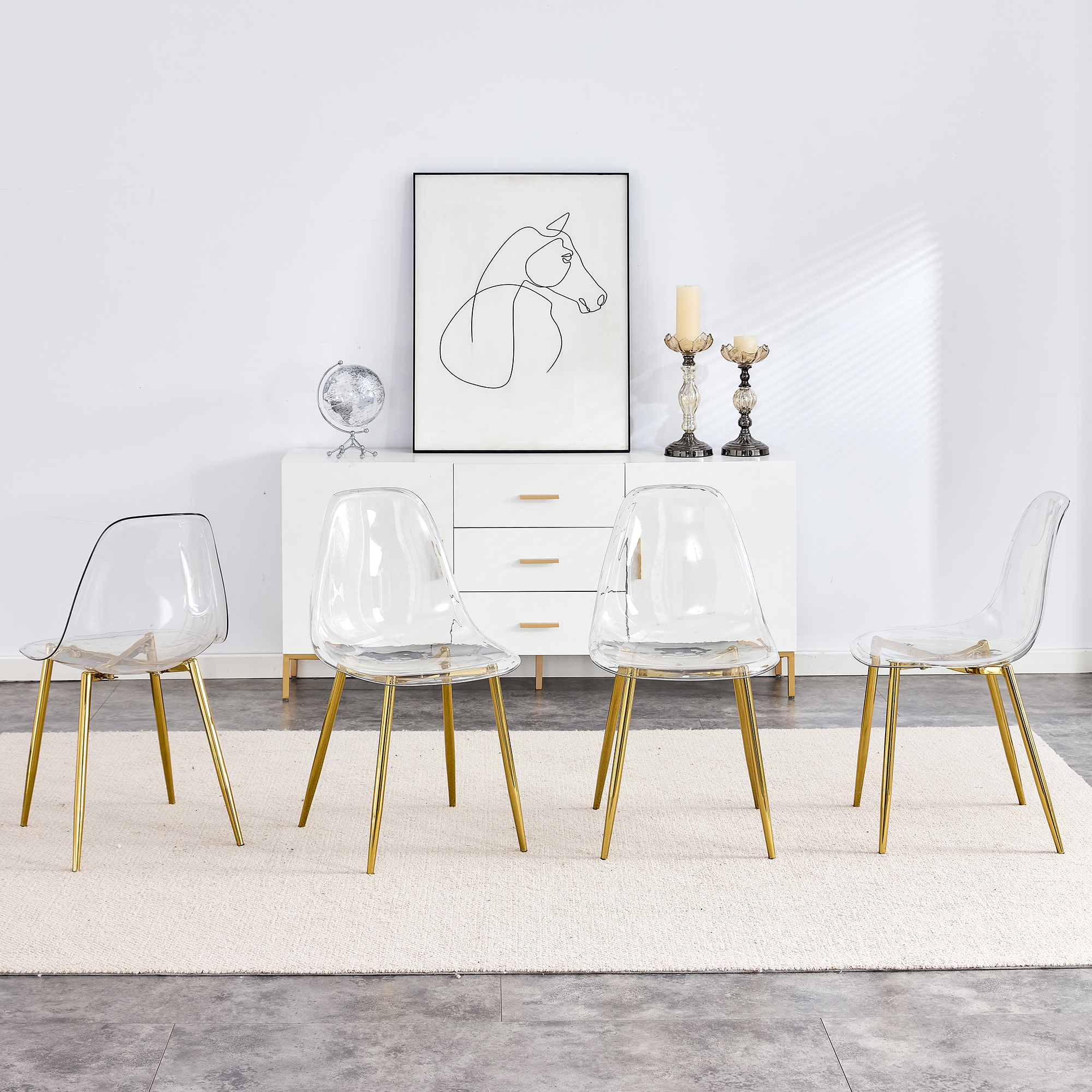 Modern Minimalist Transparent Dining Chair, Plastic Chair, Armless Crystal Chair, Nordic Creative Makeup Stool, Negotiation Chair, 6-piece Set Of Gold-plated Metal Legs, TW-1200