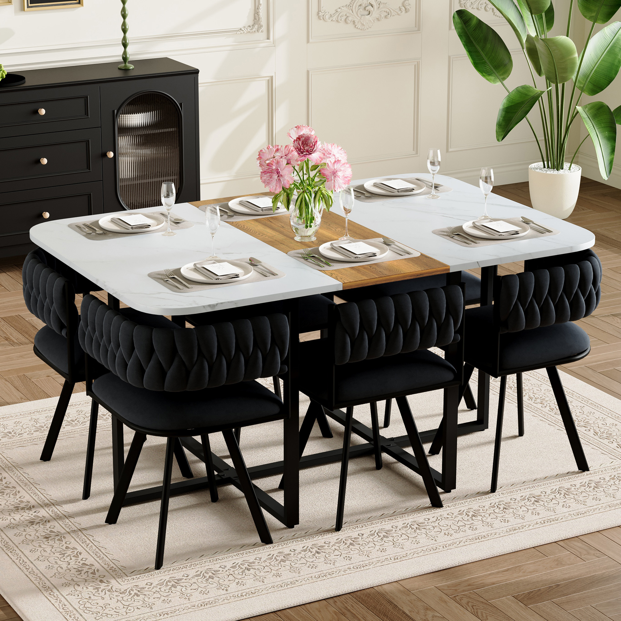 7-Piece Rectangular Dining Table Set, Fixed White Faux Marble & Wood Grain Triamine Tabletop With 6 Black Velvet Chairs, Modern Kitchen Table Set For 6 People, Ideal For Small Spaces