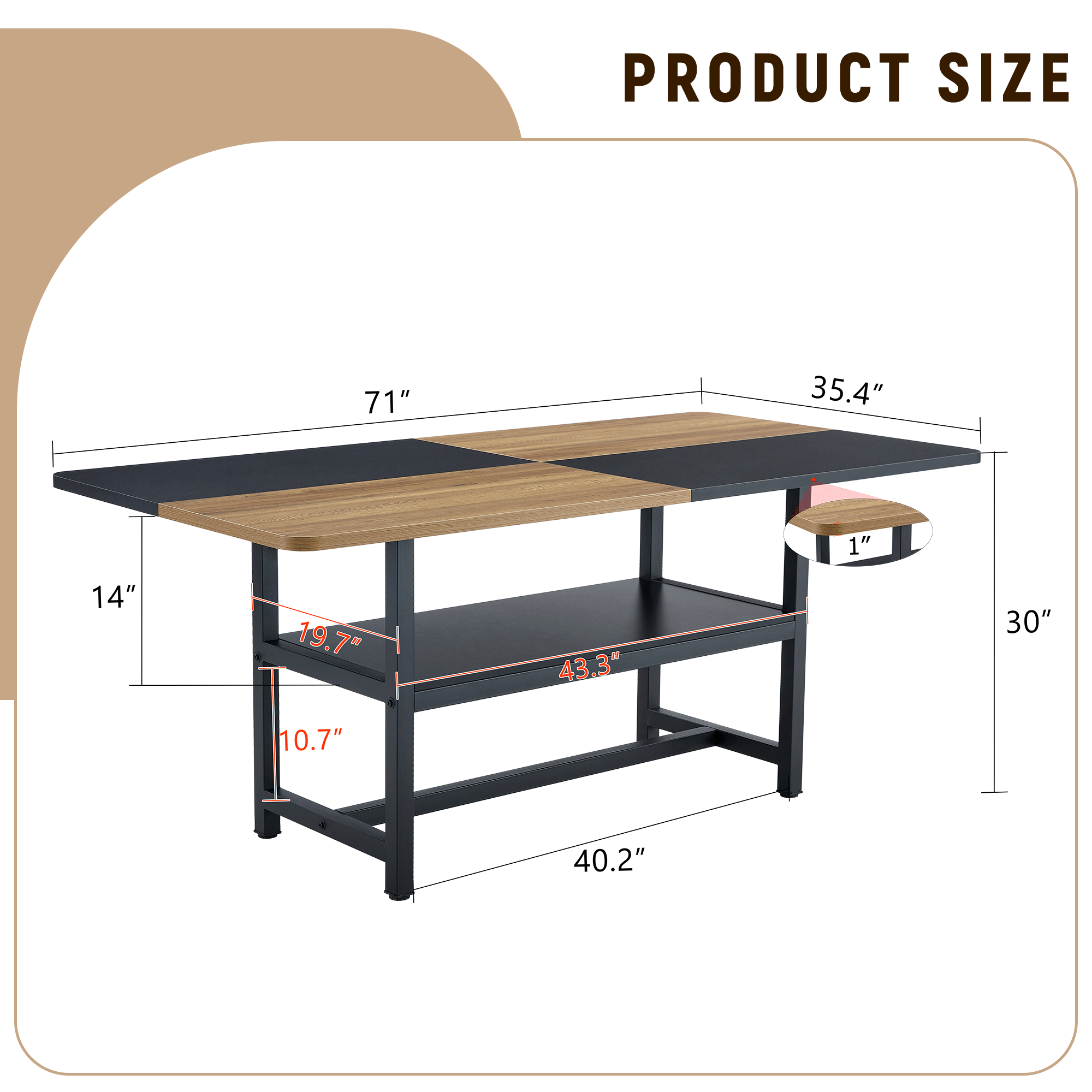 Multifunctional Dining Table 71  L X35.4  W X30  H, Two-Tone Spliced Top & 43.3  Storage Shelf, Ideal For Family Gatherings & Modern Spaces.