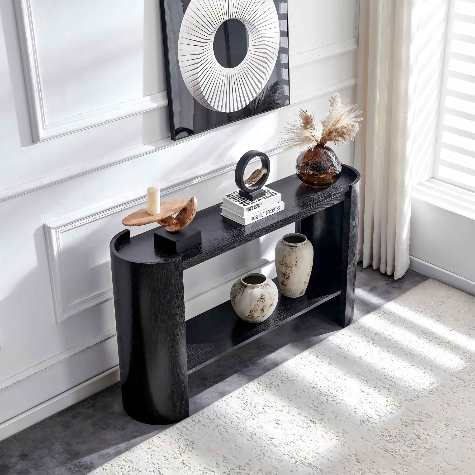 Double-layer Black Curved Foyer Table - Black Wood Grain Minimalist Entrance Small Space Living Room Sofa Side Table