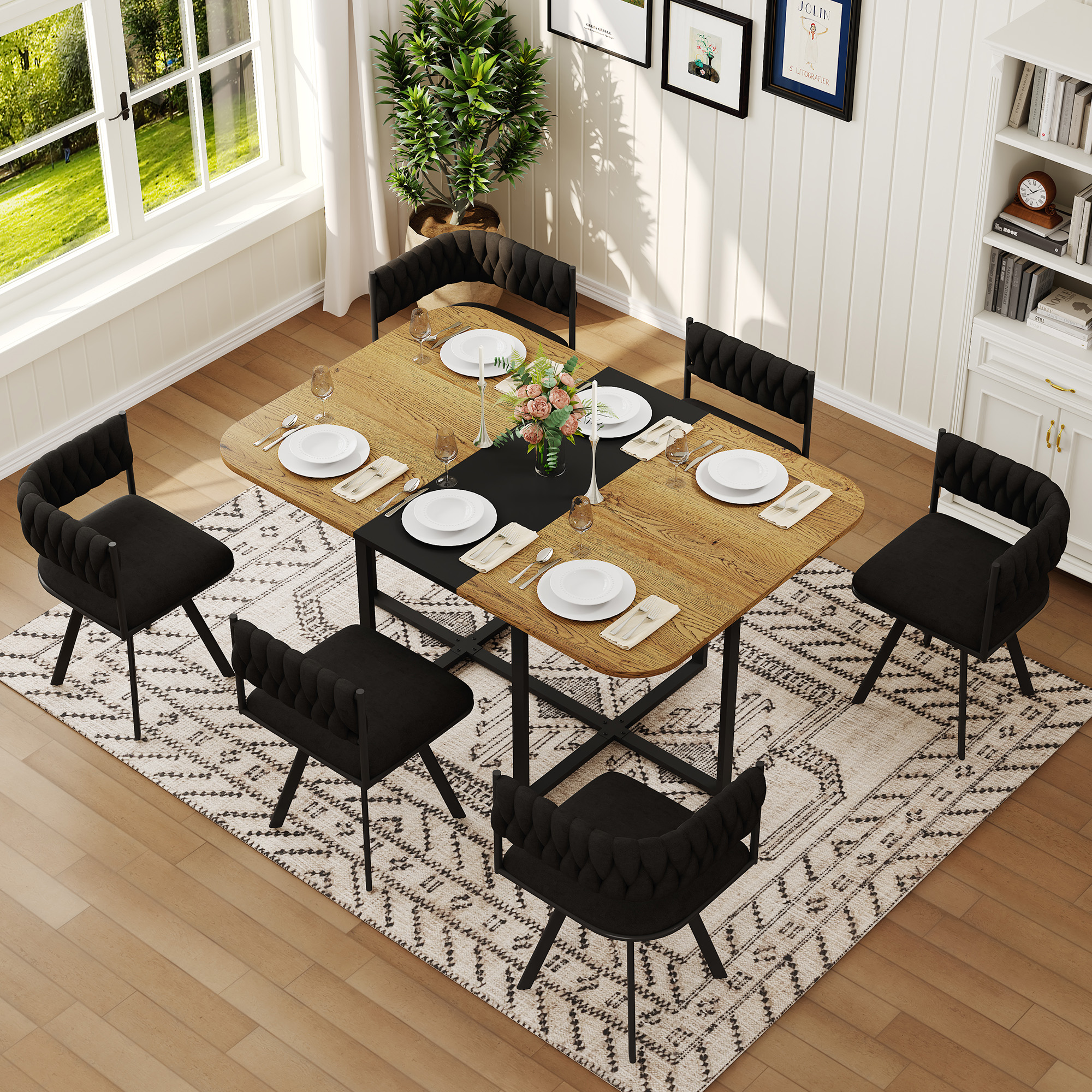 7-Piece Dining Table Set For 6, 1 Table & 6 Black Velvet Upholstered Chairs, Black & Wood Grain Melamine Table, Modern Tufted Kitchen Nook Set For Dining Room, Apartment & Small Space