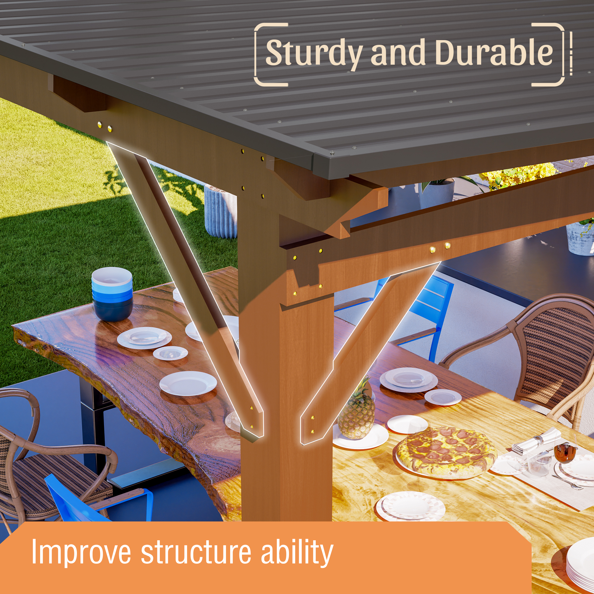 13x10ft Wooden Garden Gazebo With Metal Roof, Spacious Outdoor Patio Shade Structure For   & Garden