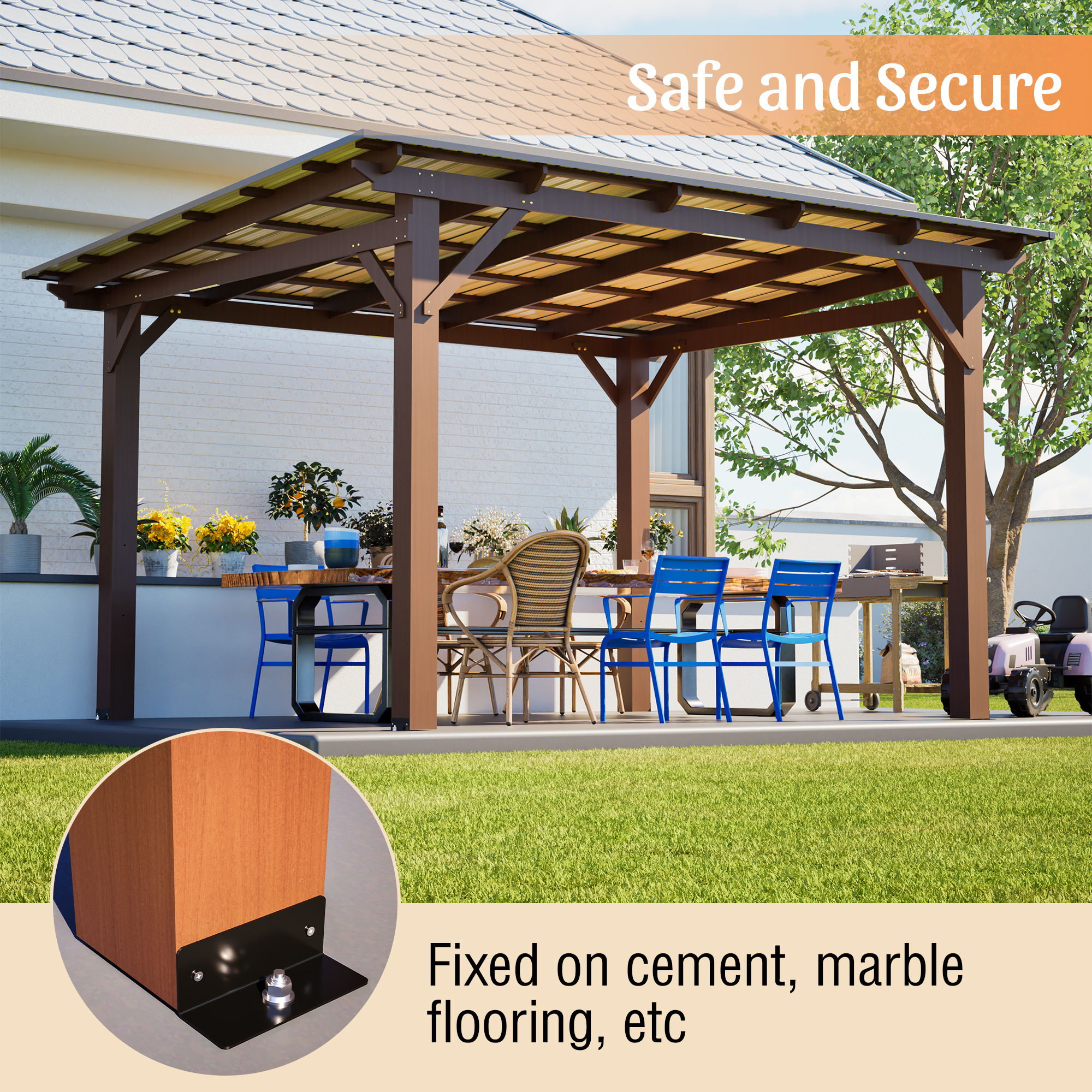 13x10ft Wooden Garden Gazebo With Metal Roof, Spacious Outdoor Patio Shade Structure For   & Garden