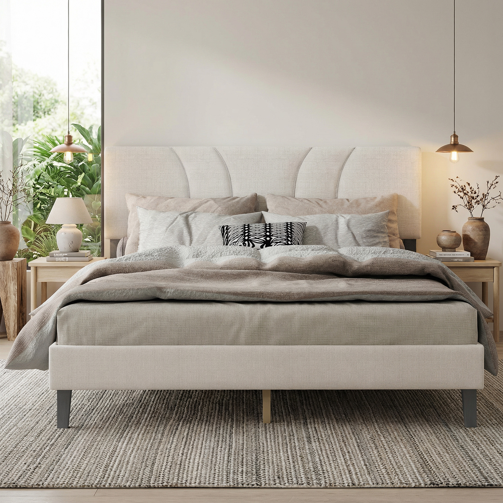 Full Size Platform Bed Frame With Adjustable Fabric Upholstered Headboard And Wooden Slats Support Fully Upholstered Mattress Foundation No Box Spring Needed Easy Assembly Beige