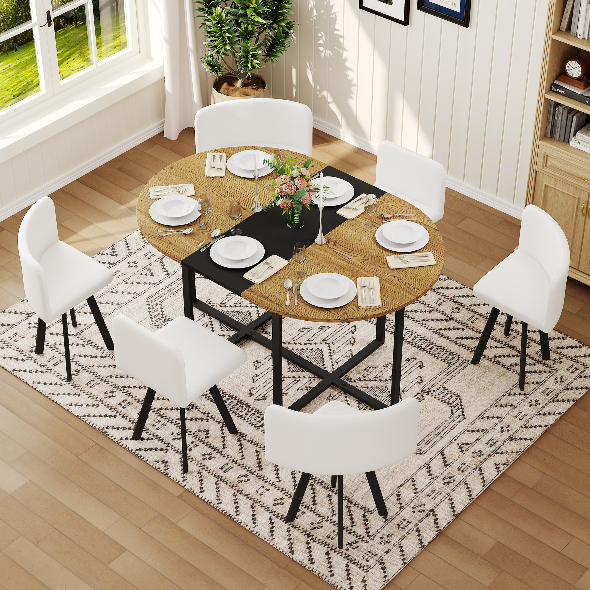 7-Piece Oval Dining Table Set, Fixed Wood Grain & Black Triamine Tabletop With 6 White PU Leather Chairs, Modern Kitchen Table Set For 6 People, Ideal For Small Spaces, Apartment, Dining Room