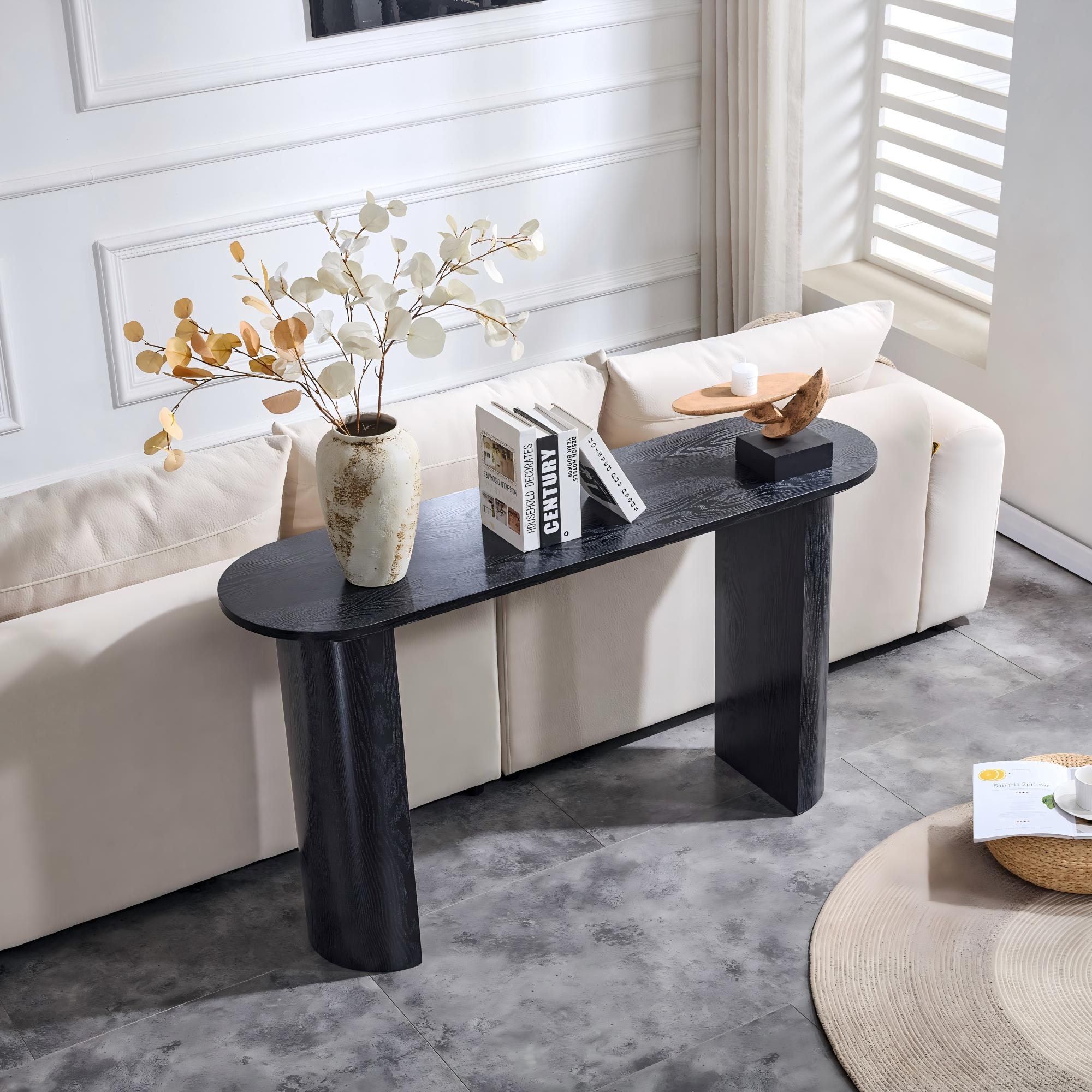 Black Curved Foyer Table - Black Wood Grain Minimalist Entrance Small Space Living Room Sofa Side Table