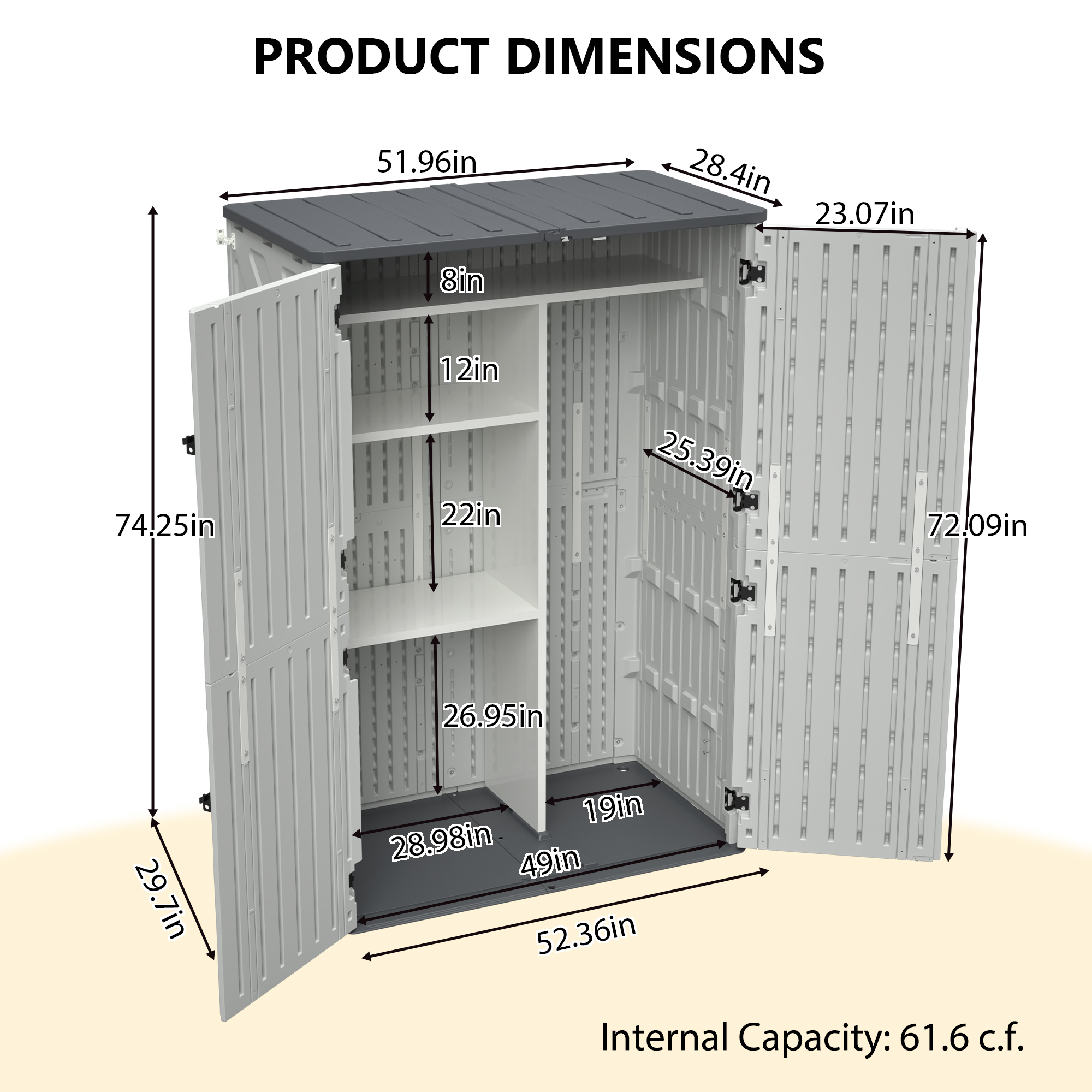Rust Proof Resin Garden Equipment Storage With Partitions - Weatherproof, Spacious, UV Resistant Material