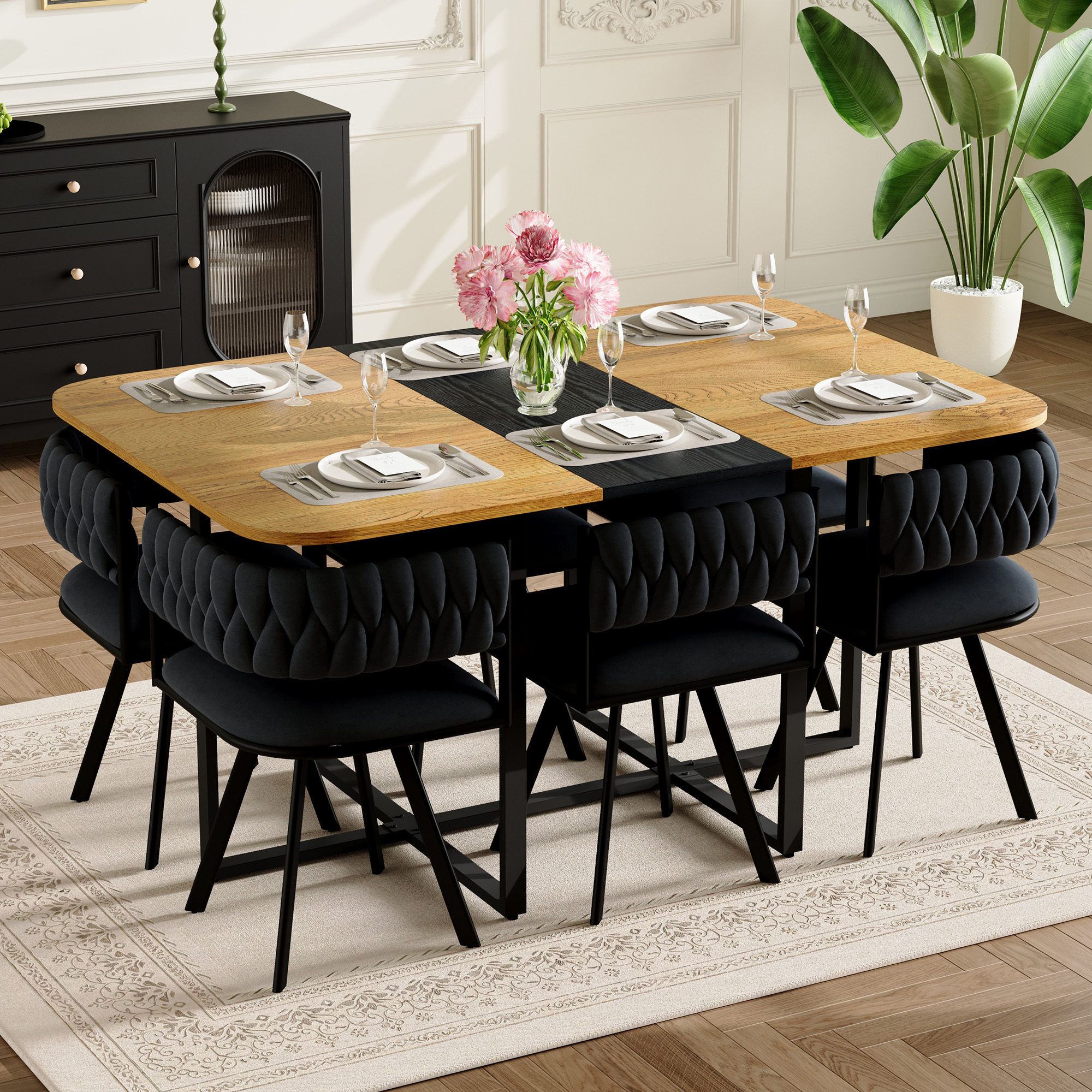 7-Piece Rectangular Dining Table Set, Fixed Two-Tone Wood Grain & Black Triamine Tabletop With 6 Black Velvet Chairs, Modern Kitchen Table Set For 6 People, Ideal For Small Spaces, Apartment