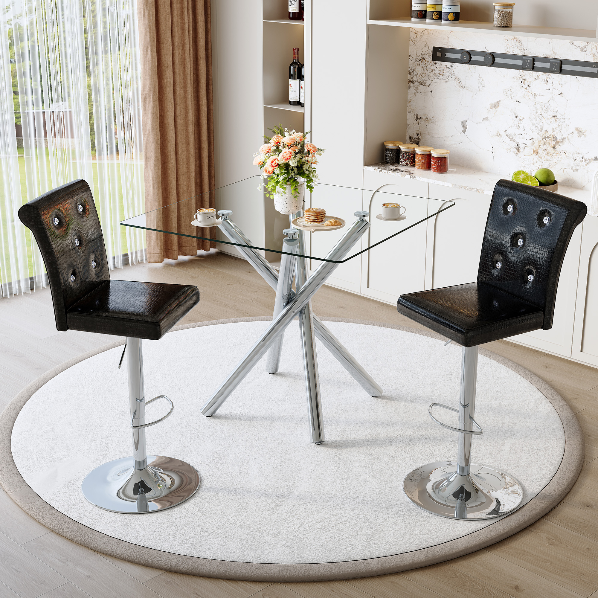 Modern Glass Bar Table And Adjustable Bar Stools Set Of 2, Contemporary Counter Height Pub Table With Chrome Legs, Black PU Leather Swivel Bar Chairs For Kitchen Island, Home Bar, Small Space