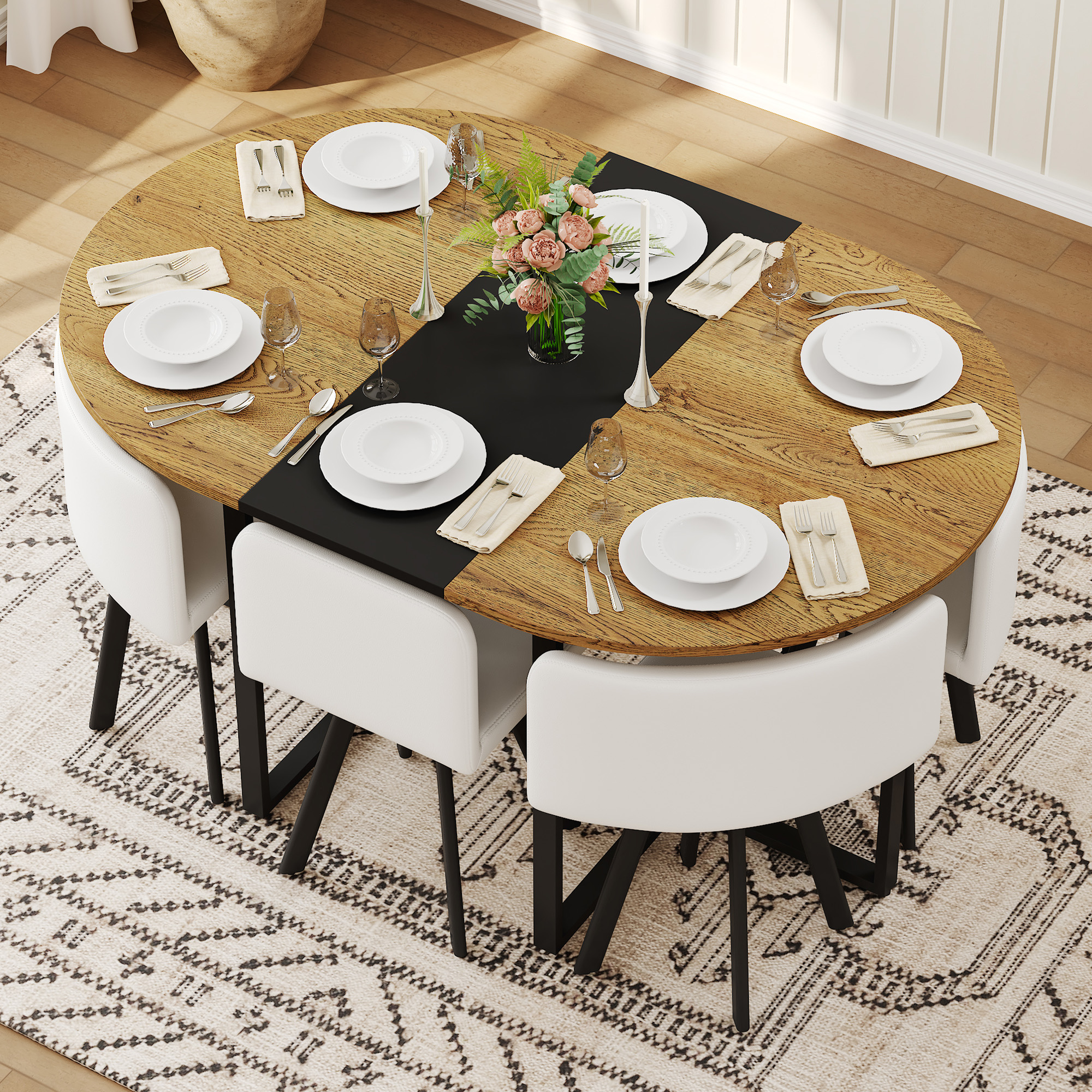 7-Piece Oval Dining Table Set, Fixed Wood Grain & Black Triamine Tabletop With 6 White PU Leather Chairs, Modern Kitchen Table Set For 6 People, Ideal For Small Spaces, Apartment, Dining Room