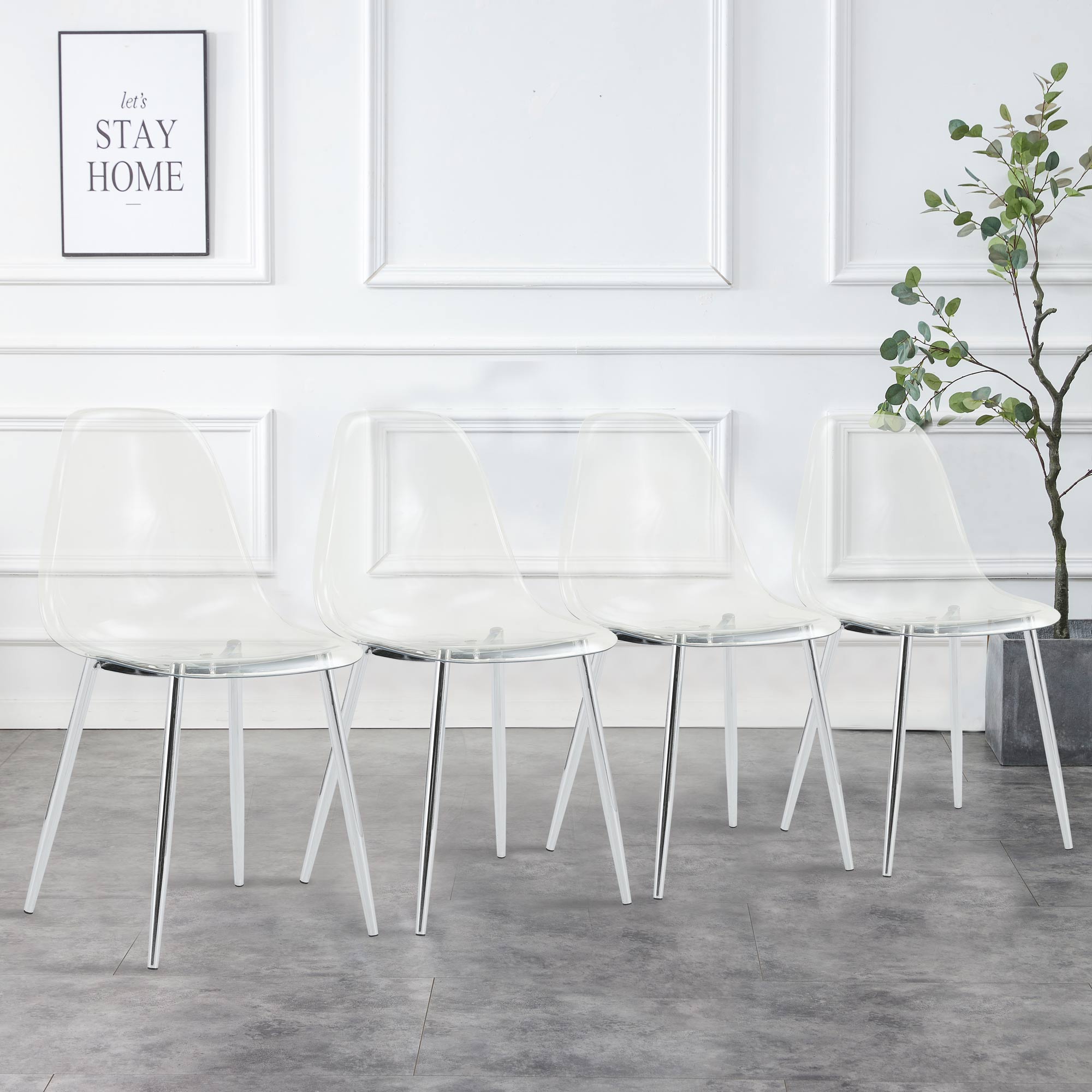 Modern Minimalist Transparent Dining Chair, Plastic Chair, Armless Crystal Chair, Nordic Creative Makeup Stool, Negotiation Chair, Silver Plated Metal Leg 6-piece Set, TW-1200