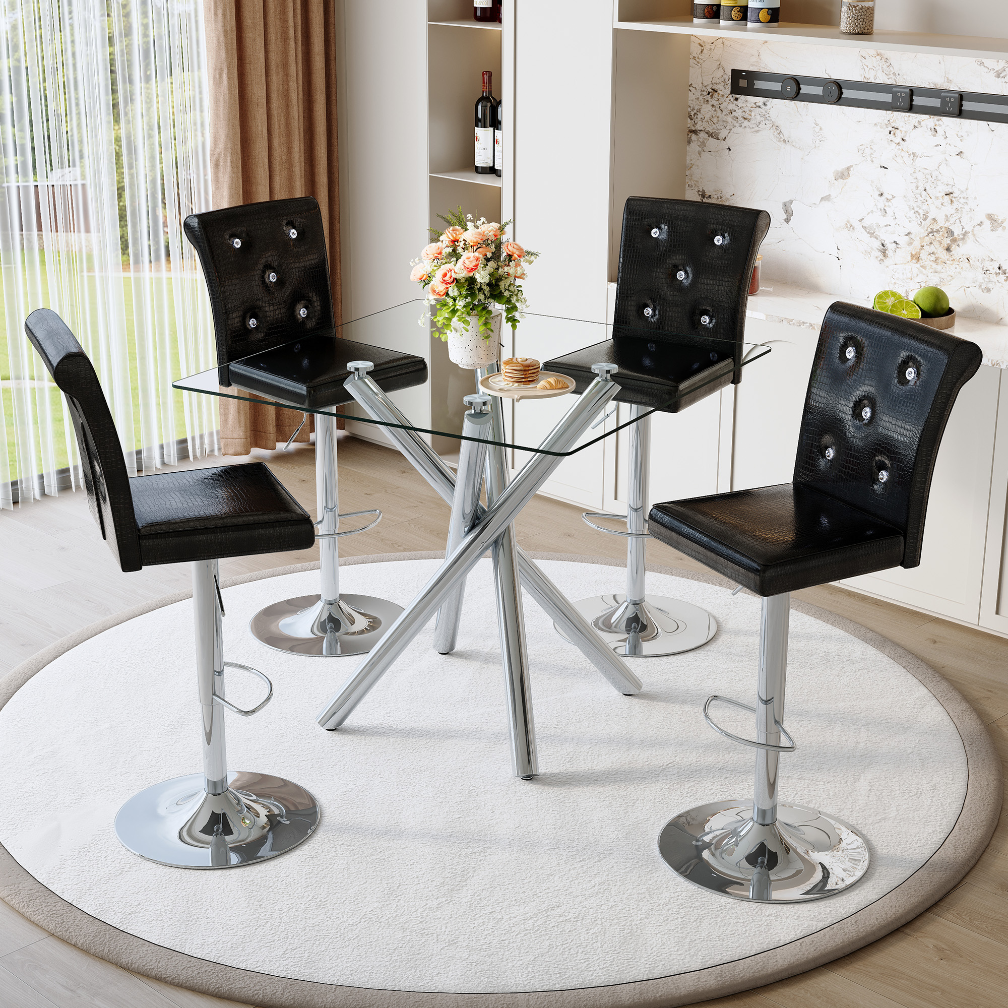 Modern Glass Bar Table And Adjustable Bar Stools Set Of 2, Contemporary Counter Height Pub Table With Chrome Legs, Black PU Leather Swivel Bar Chairs For Kitchen Island, Home Bar, Small Space