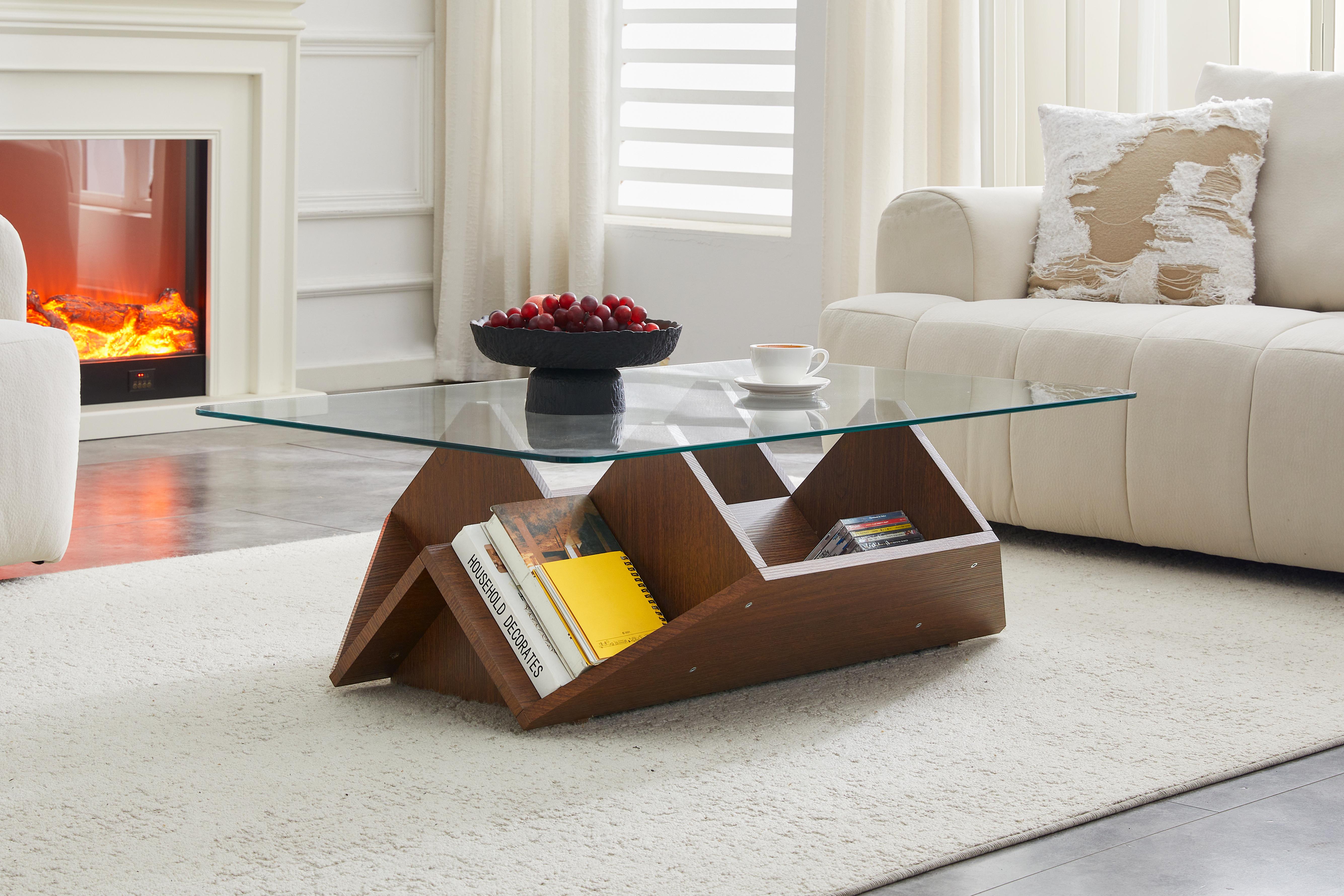 Multi-Storage Tempered Glass & MDF Coffee Table, Walnut Finish Coffee Table With Spacious Compartments For Daily Essentials, Modern Living Room Office Coffee Table