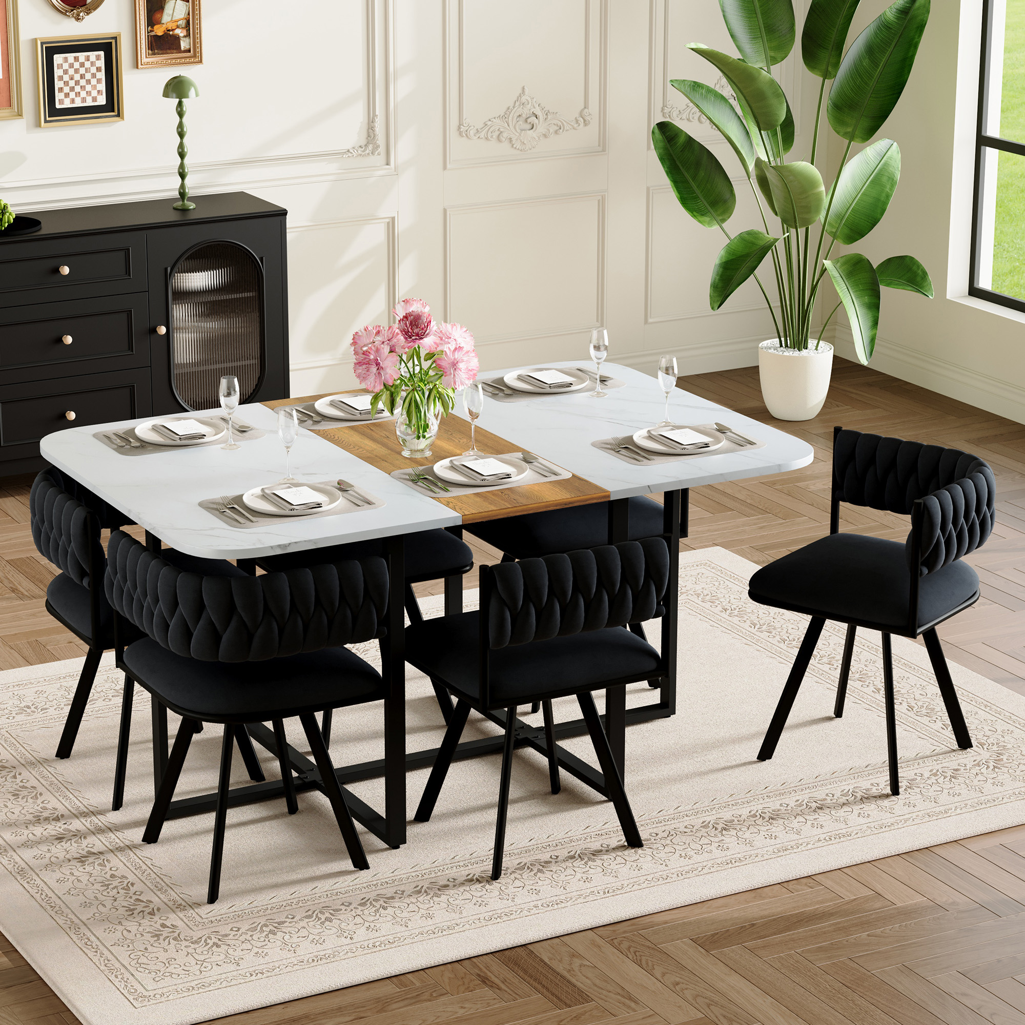7-Piece Rectangular Dining Table Set, Fixed White Faux Marble & Wood Grain Triamine Tabletop With 6 Black Velvet Chairs, Modern Kitchen Table Set For 6 People, Ideal For Small Spaces