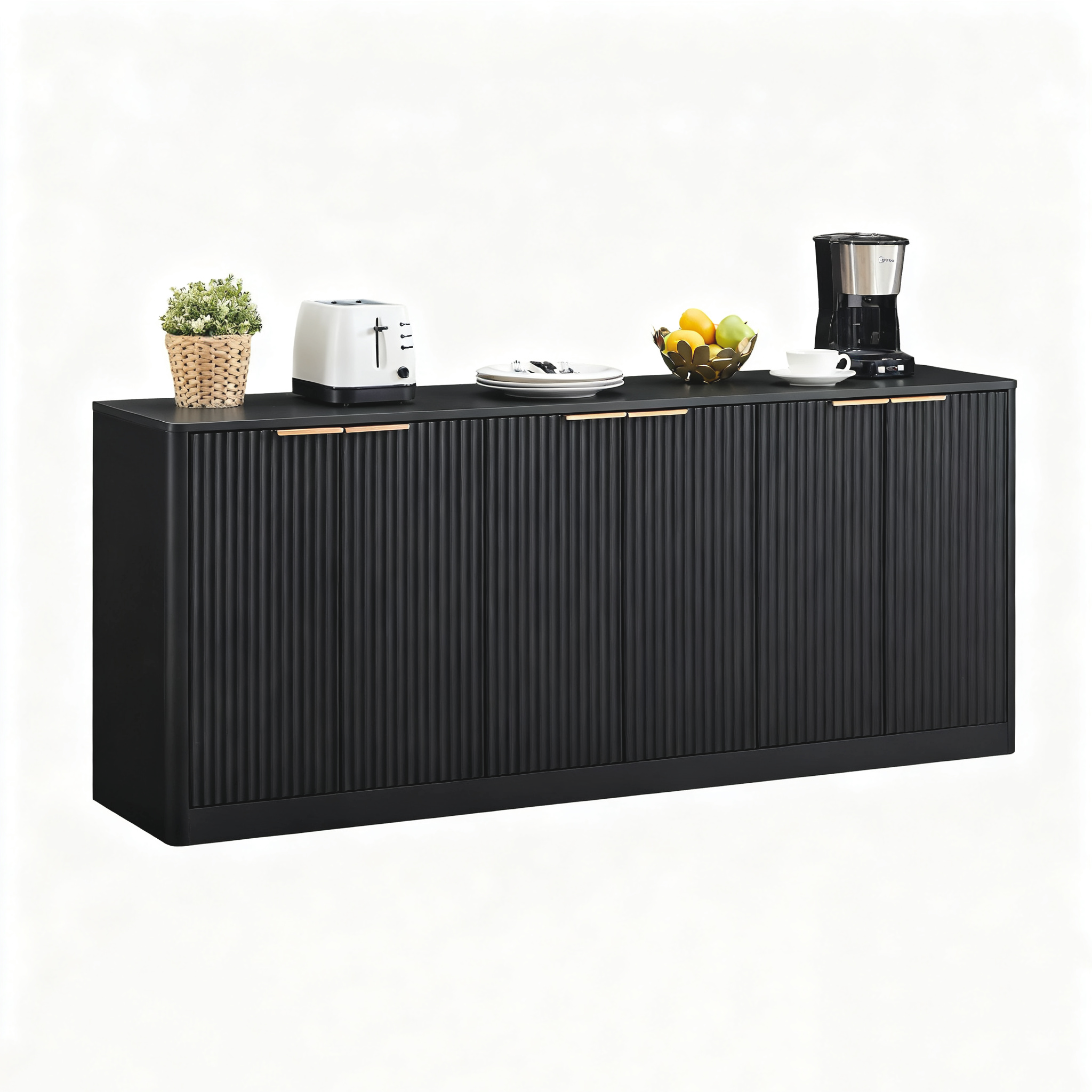 67-inch Modern Wavy Sideboard, Curved Contour Design Storage Cabinet, 6-door Cabinet With Storage Function, Suitable For Kitchen   Bedroom   Living Room, Black, 67.0 L X 15.7 W X 27.7 H