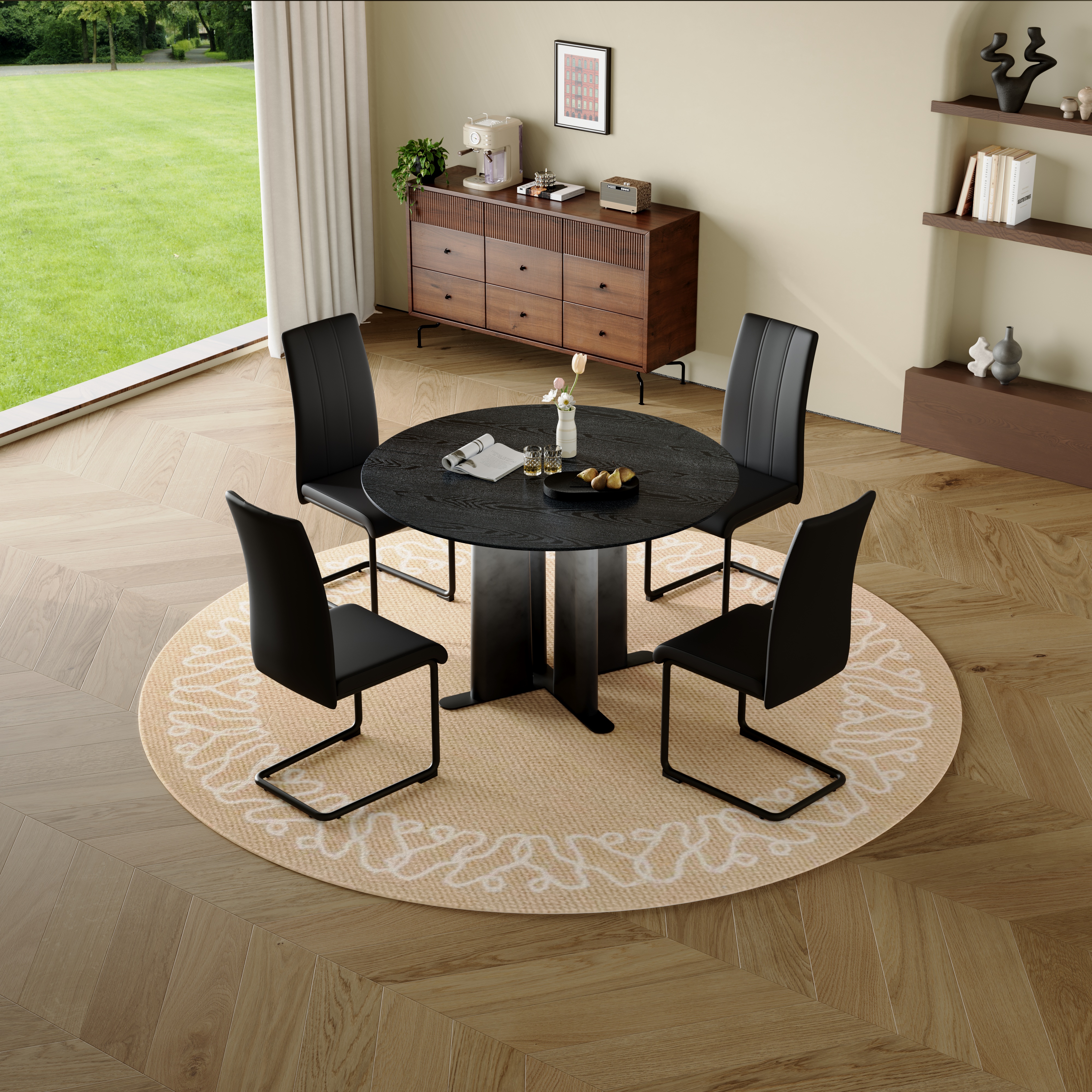 Round Black Wood Grain MDF Dining Table, Black & White Gradient Legs With Cross Base, Compact 2-4 Person Kitchen Table For Small Spaces Modern Dining Room Furniture