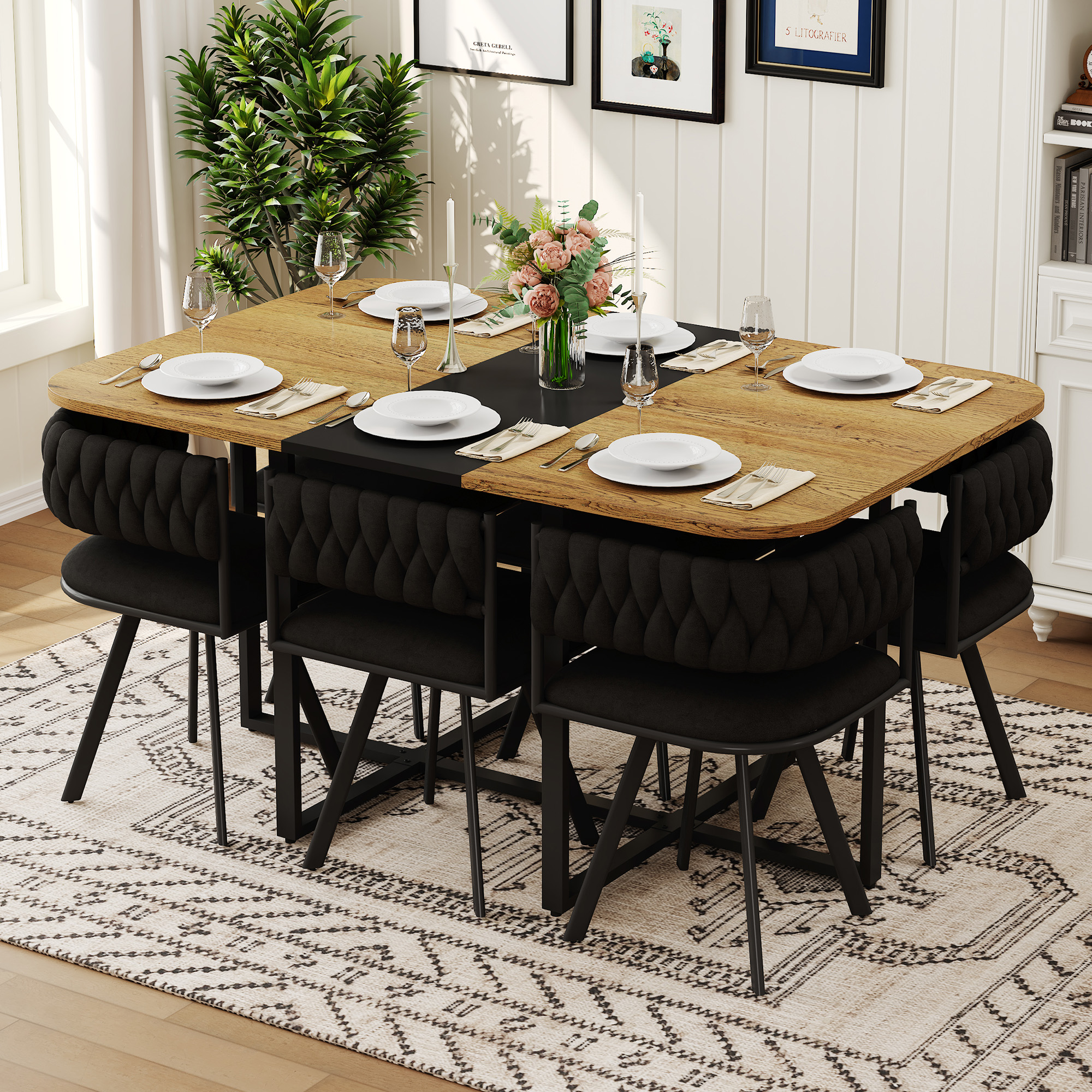 7-Piece Dining Table Set For 6, 1 Table & 6 Black Velvet Upholstered Chairs, Black & Wood Grain Melamine Table, Modern Tufted Kitchen Nook Set For Dining Room, Apartment & Small Space