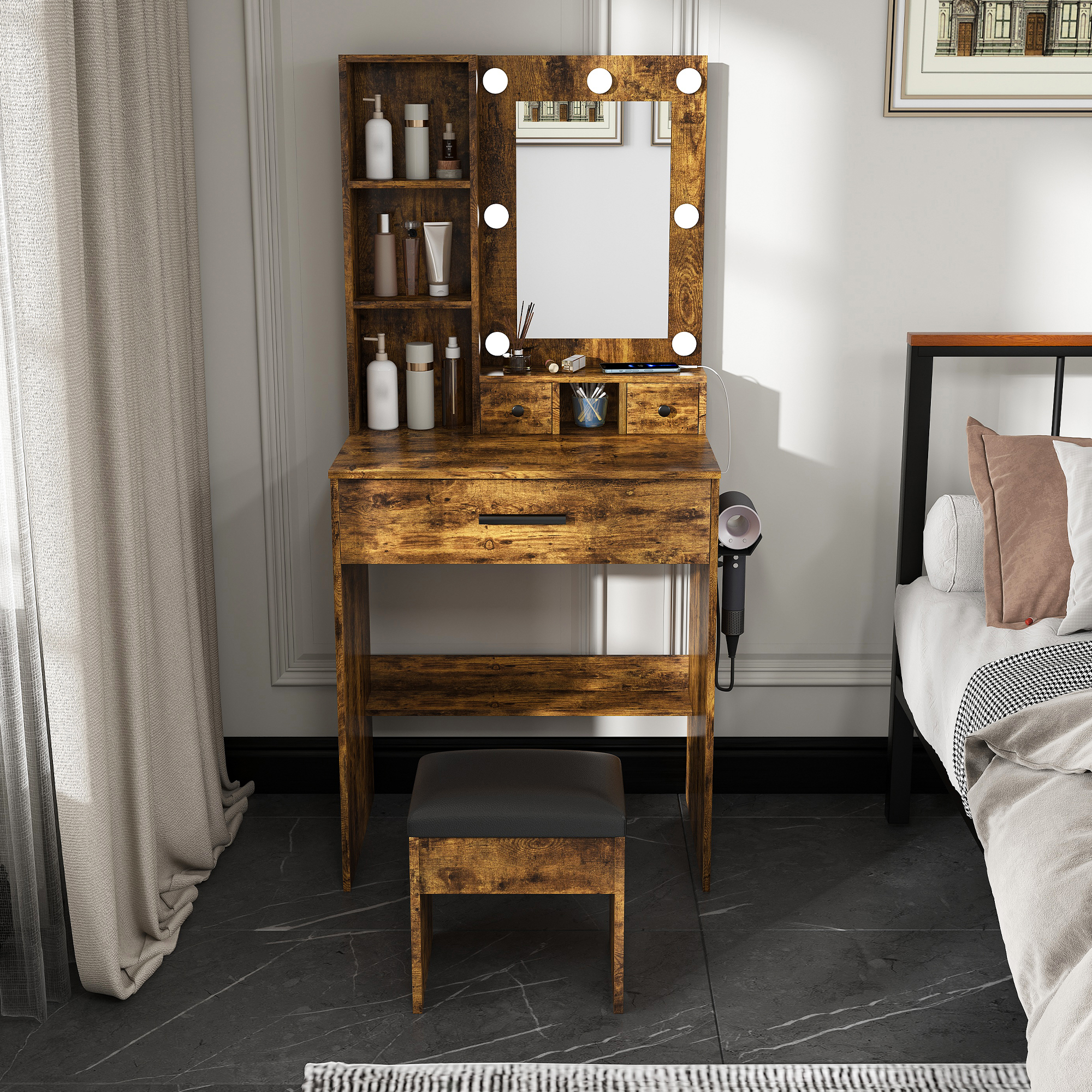 Vanity Table With Mirror & Adjustable LED Lights, Power Outlet, Hairdryer Holder & Stool -Compact Dressing Desk For Small Bedrooms Vintage