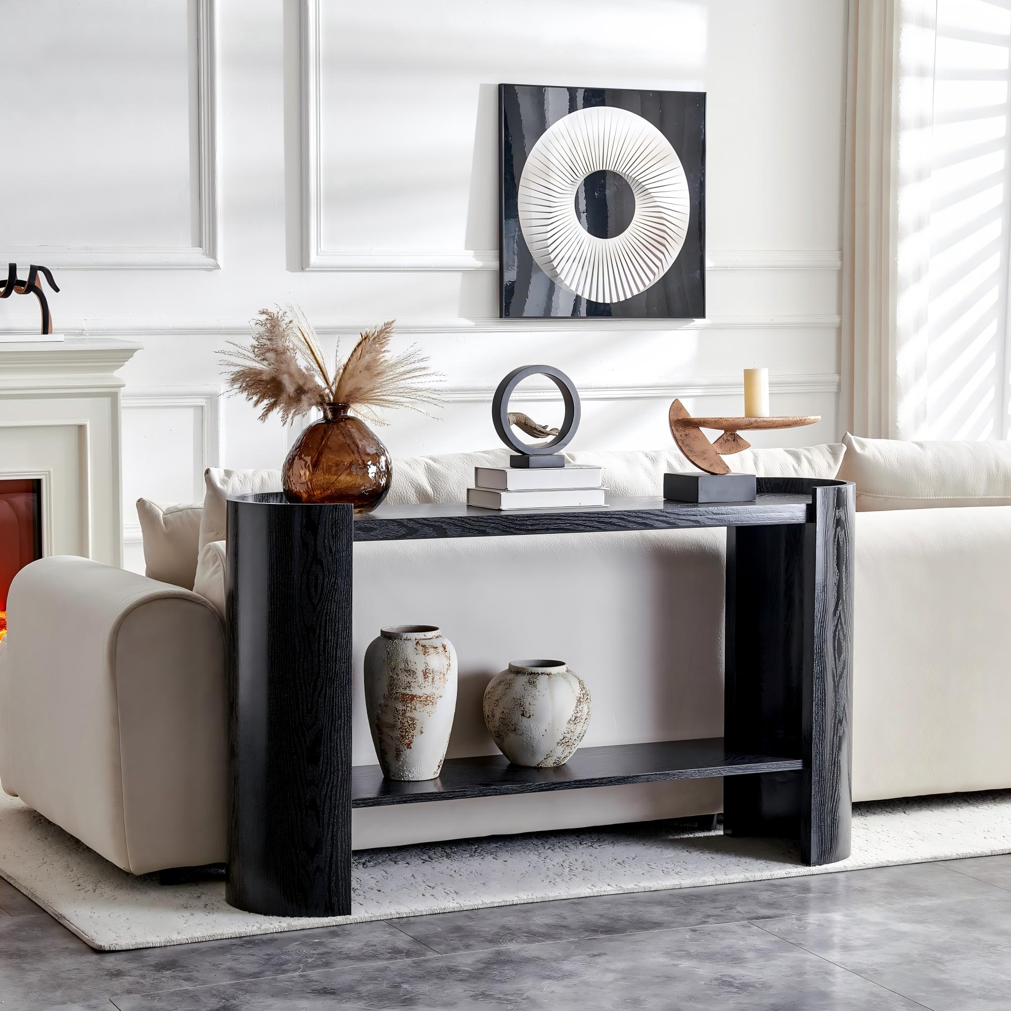 Double-layer Black Curved Foyer Table - Black Wood Grain Minimalist Entrance Small Space Living Room Sofa Side Table